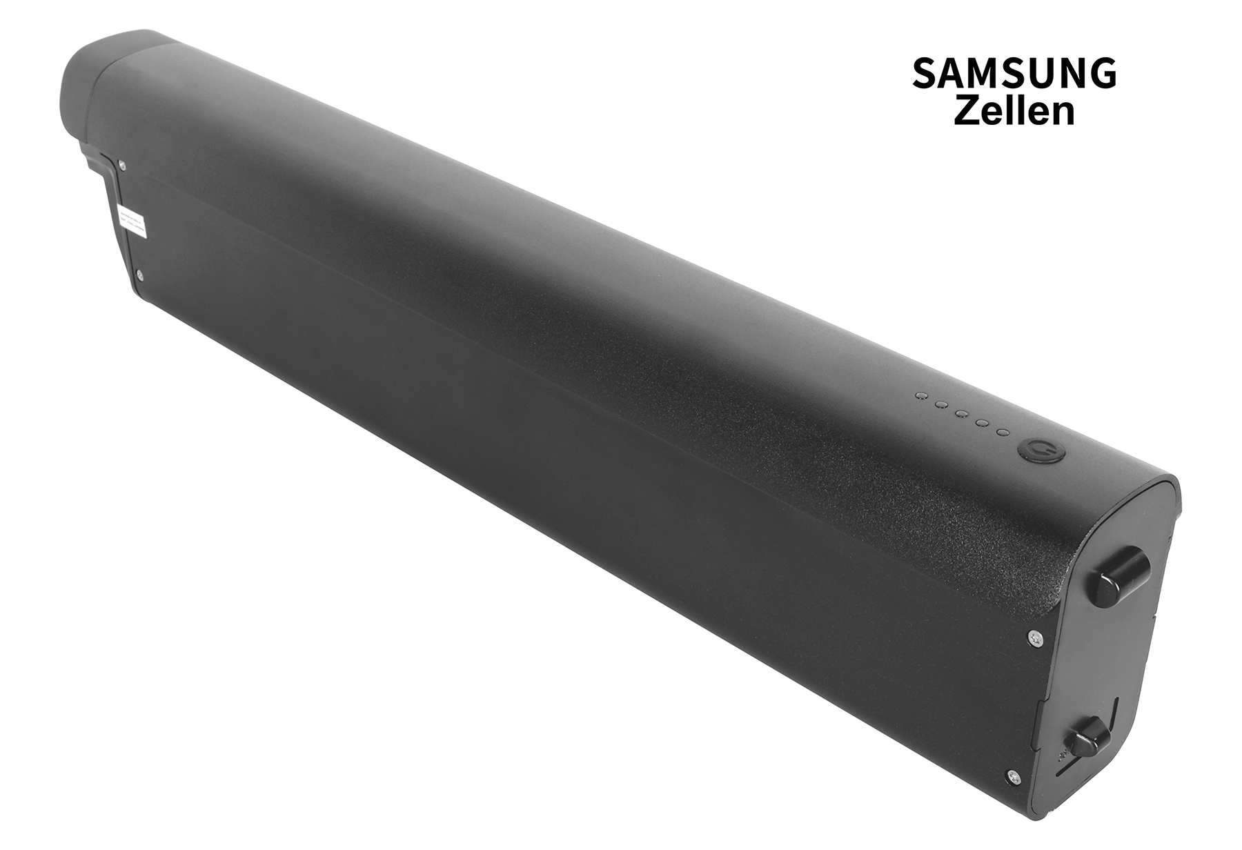 Schwarzer Akku mit Samsung Zellen Schriftzug und Ladeanzeige.
