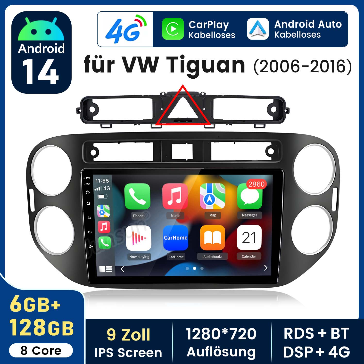 Ein Android 14 Autoradio für VW Tiguan (2006-2016) mit 6GB+128GB, 9 Zoll IPS.
