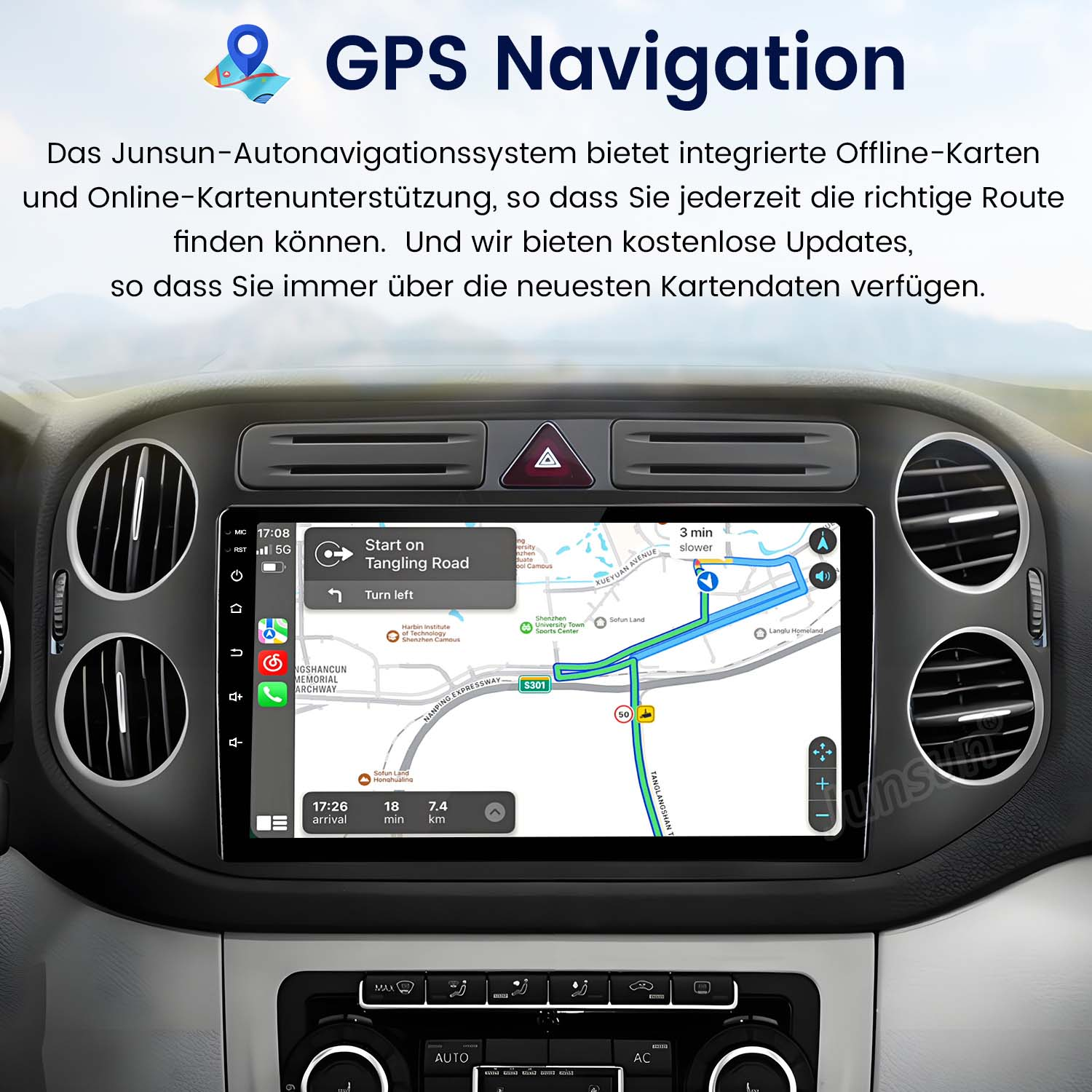 Ein Auto-Navigationssystem mit Karte zeigt die Route zum Tangling Road an.