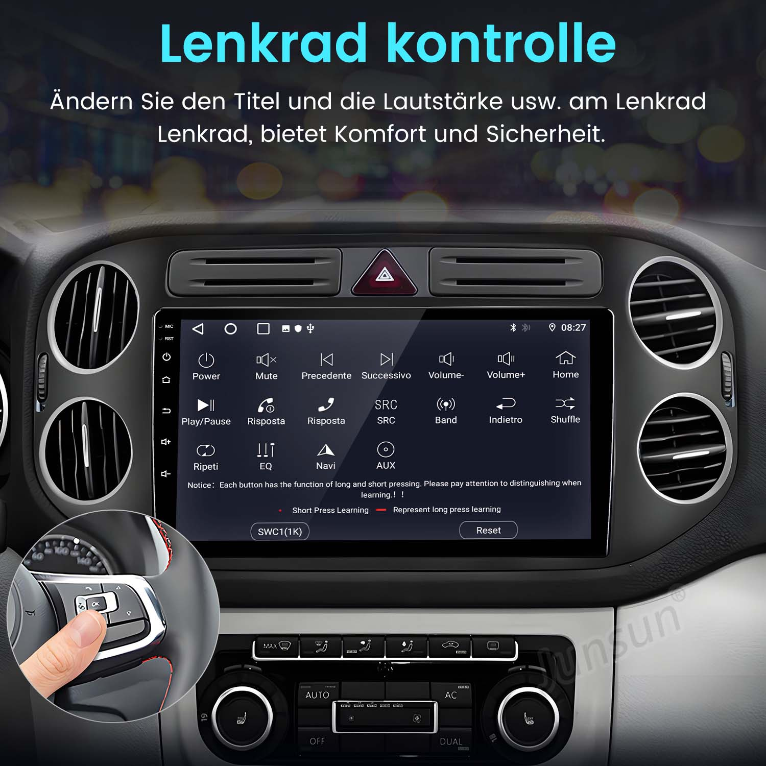 Autoinnenraum mit beleuchtetem Touchscreen-Display und Bedienelementen.