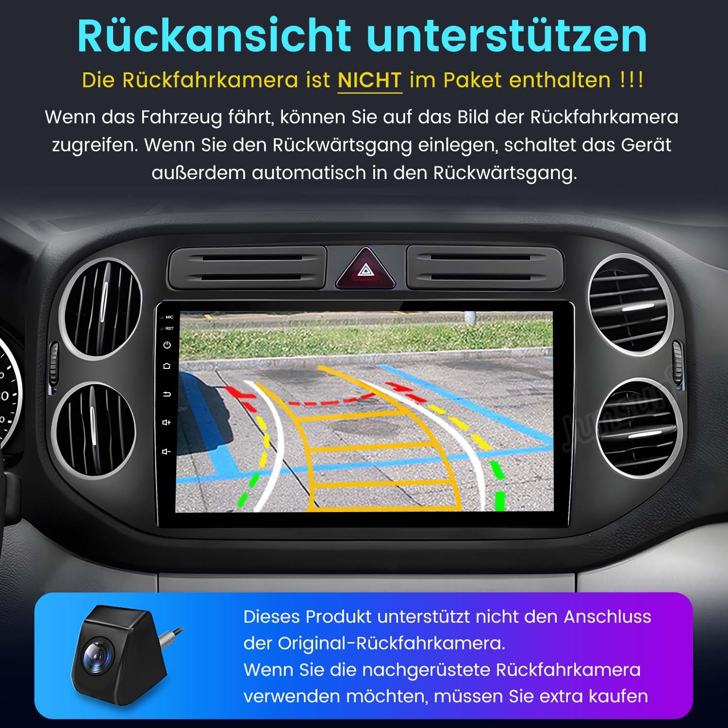 Eine Auto-Rückfahrkamera-Ansicht mit Parklinien auf einem Infotainment-Bildschirm.