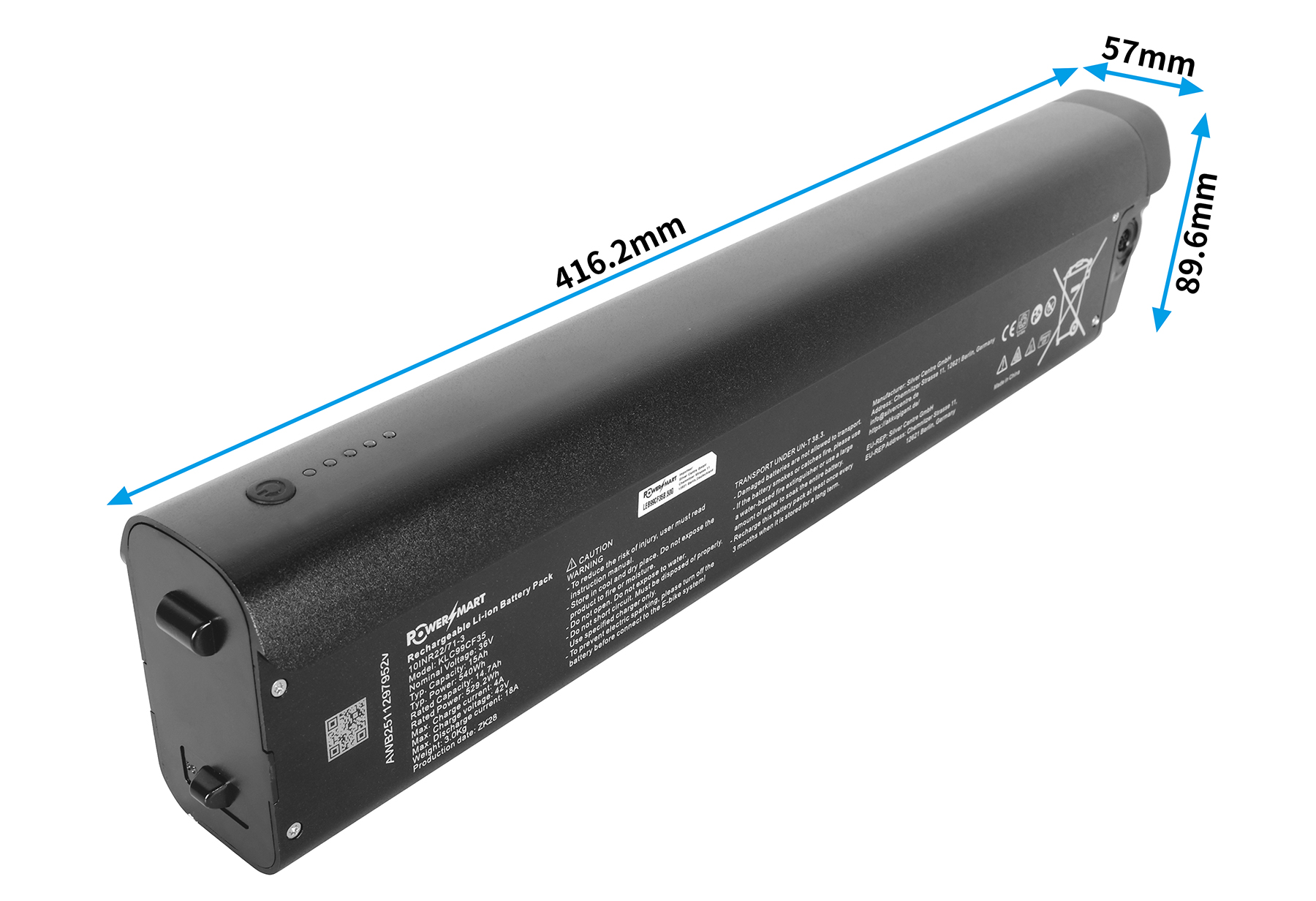 Schwarzer Lithium-Ionen-Akku mit Maßen 416,2mm x 57mm x 89,6mm.