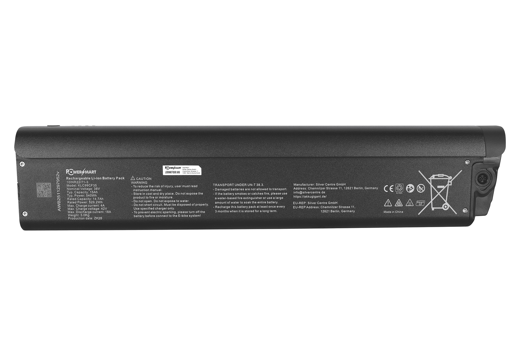 Schwarzer Li-Ionen-Akku mit Produktinformationen und Warnhinweisen.
