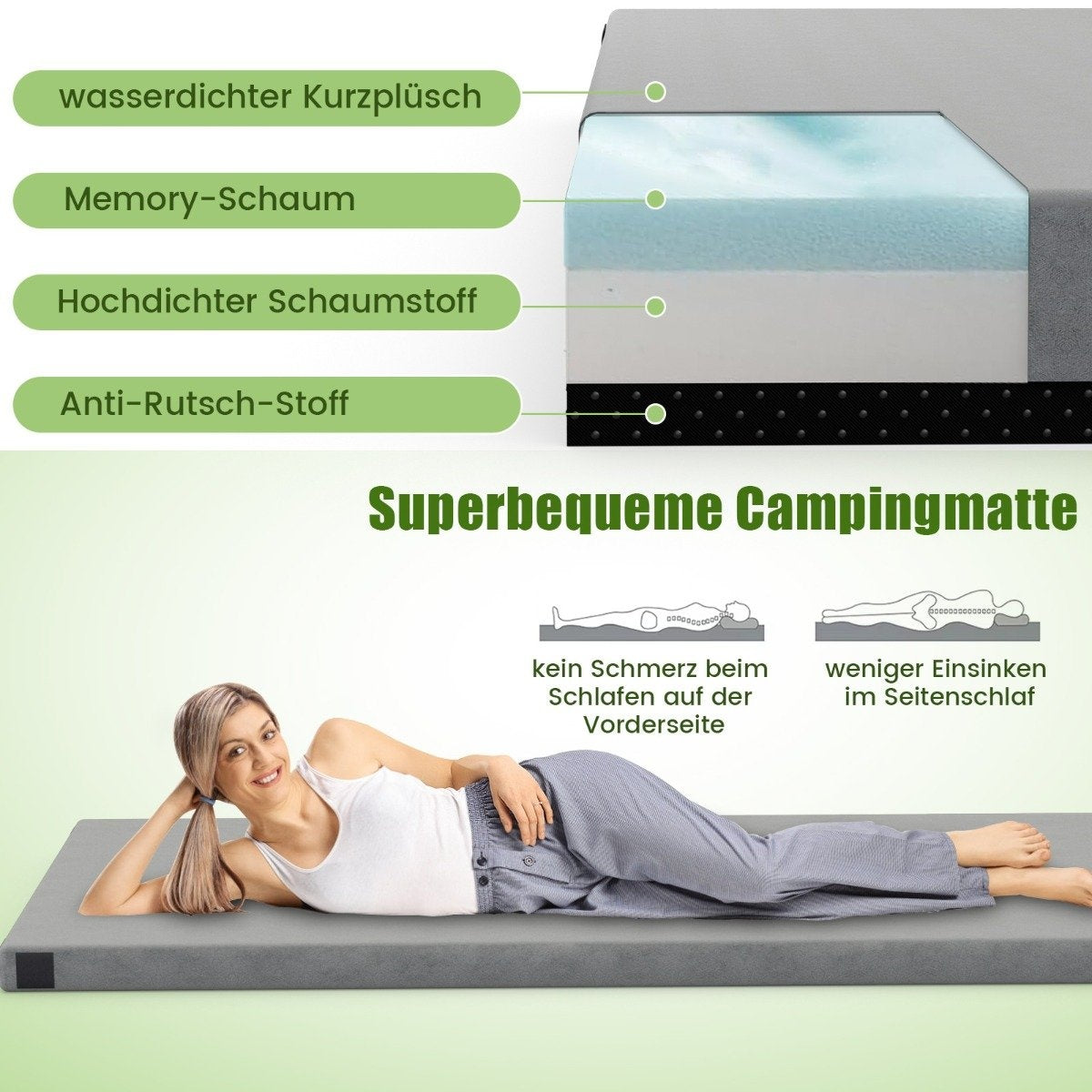 Mujer tumbada en colchoneta de camping; capas: felpa impermeable, espuma viscoelástica, espuma, tejido antideslizante.