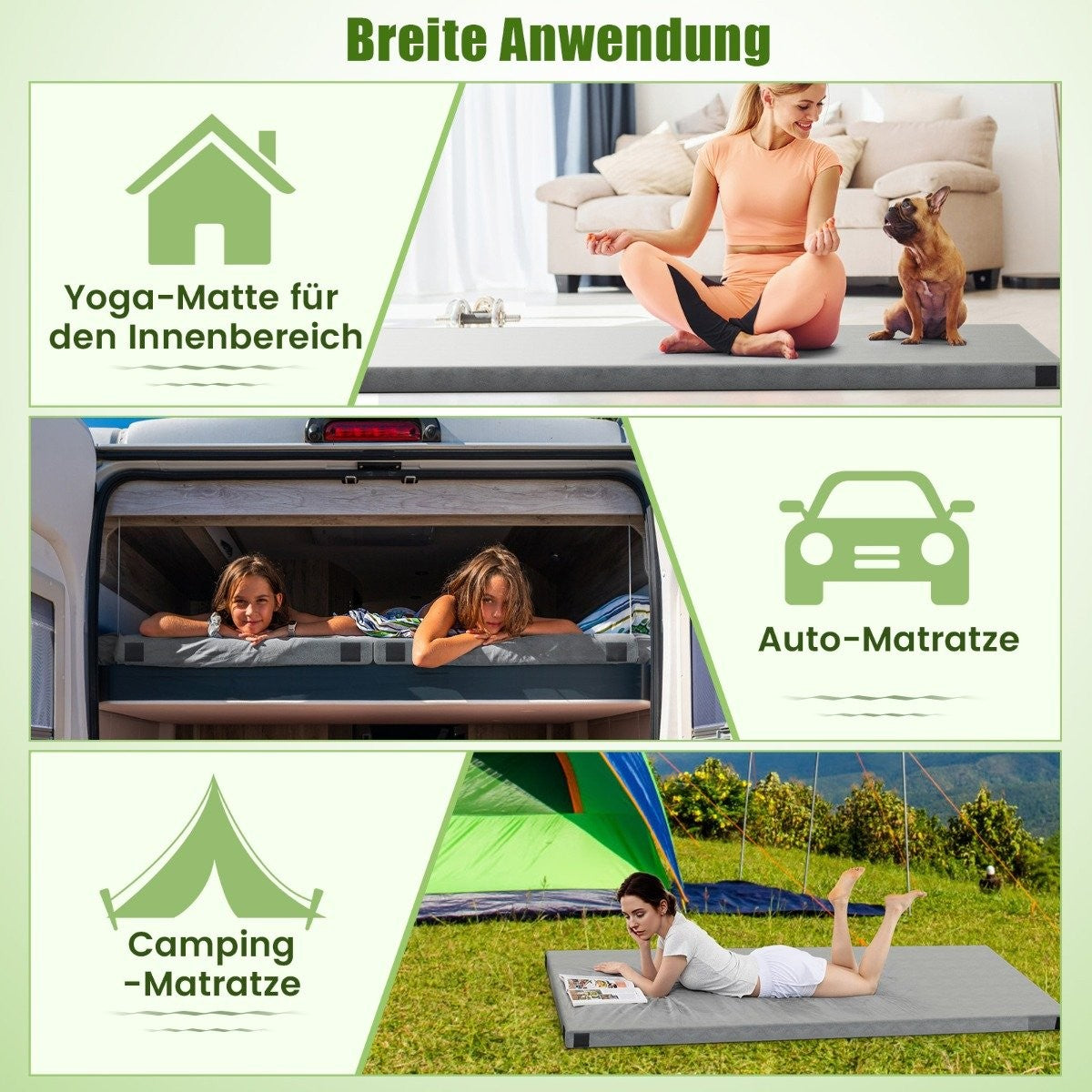 Tres escenarios de aplicación: yoga, coche y camping con colchones.