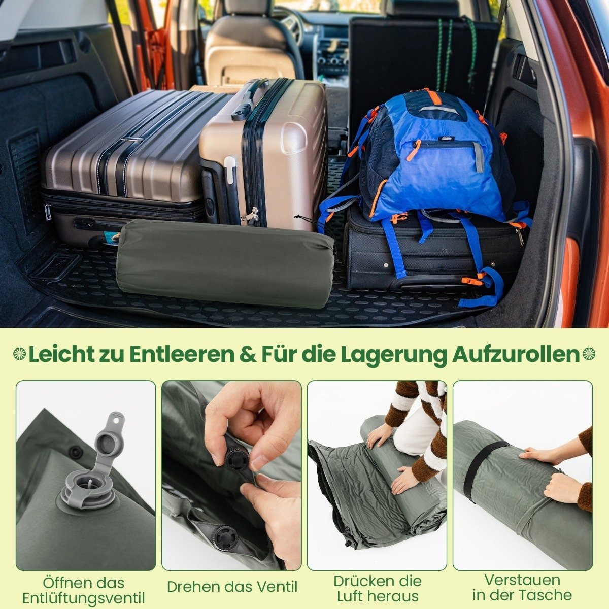 Equipaje en maletero, con colchoneta inflable delante.