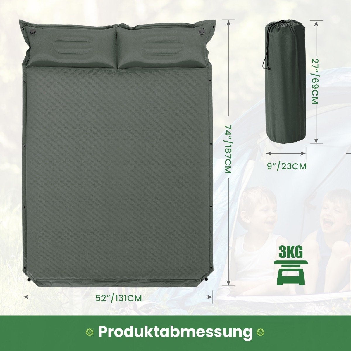 Colchón de aire gris con dos almohadas, medidas 187x131x9cm. Incluye bolsa, 3kg.