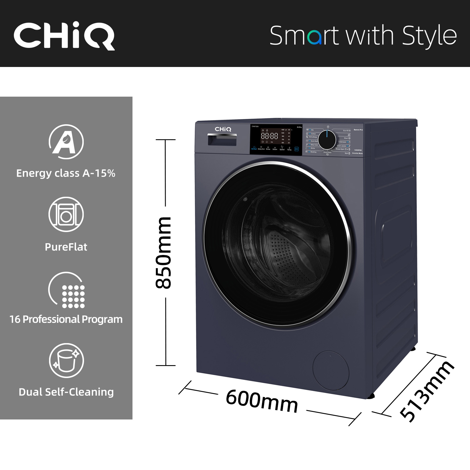 Lavatrice CHIQ grigio scuro, 850mm alta, 600mm larga, 513mm profonda.