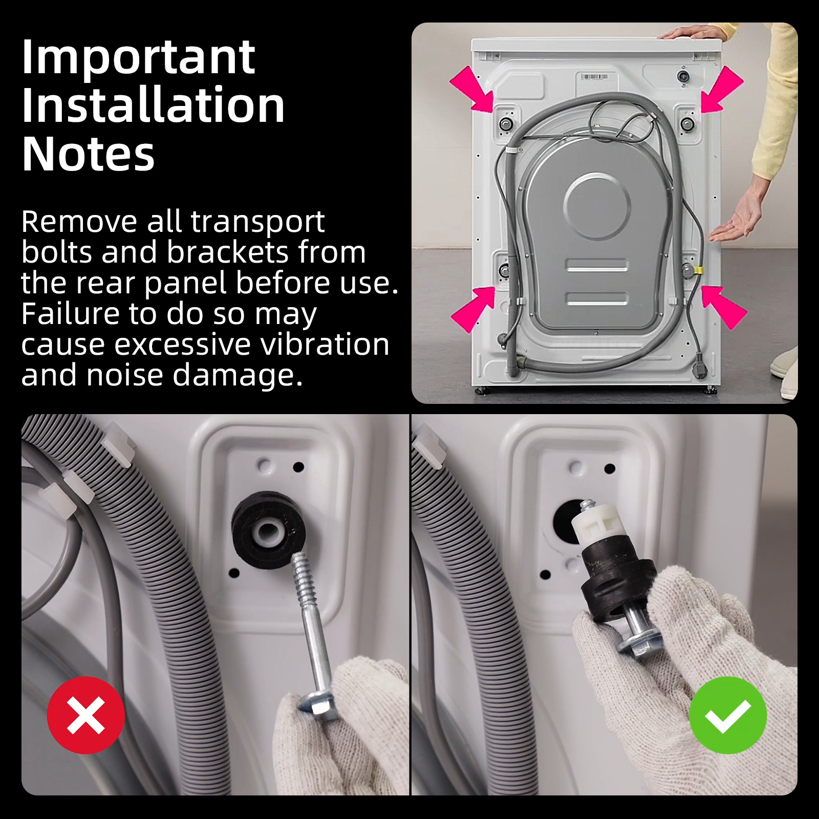 Retro lavatrice: rimozione bulloni di trasporto per installazione.