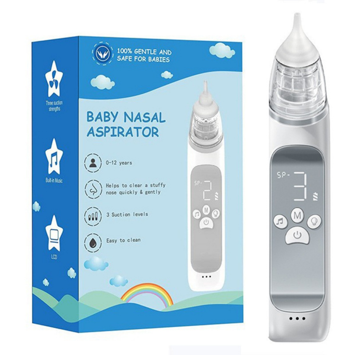 Baby Nasensauger und Verpackung mit Sternen und Regenbogen.