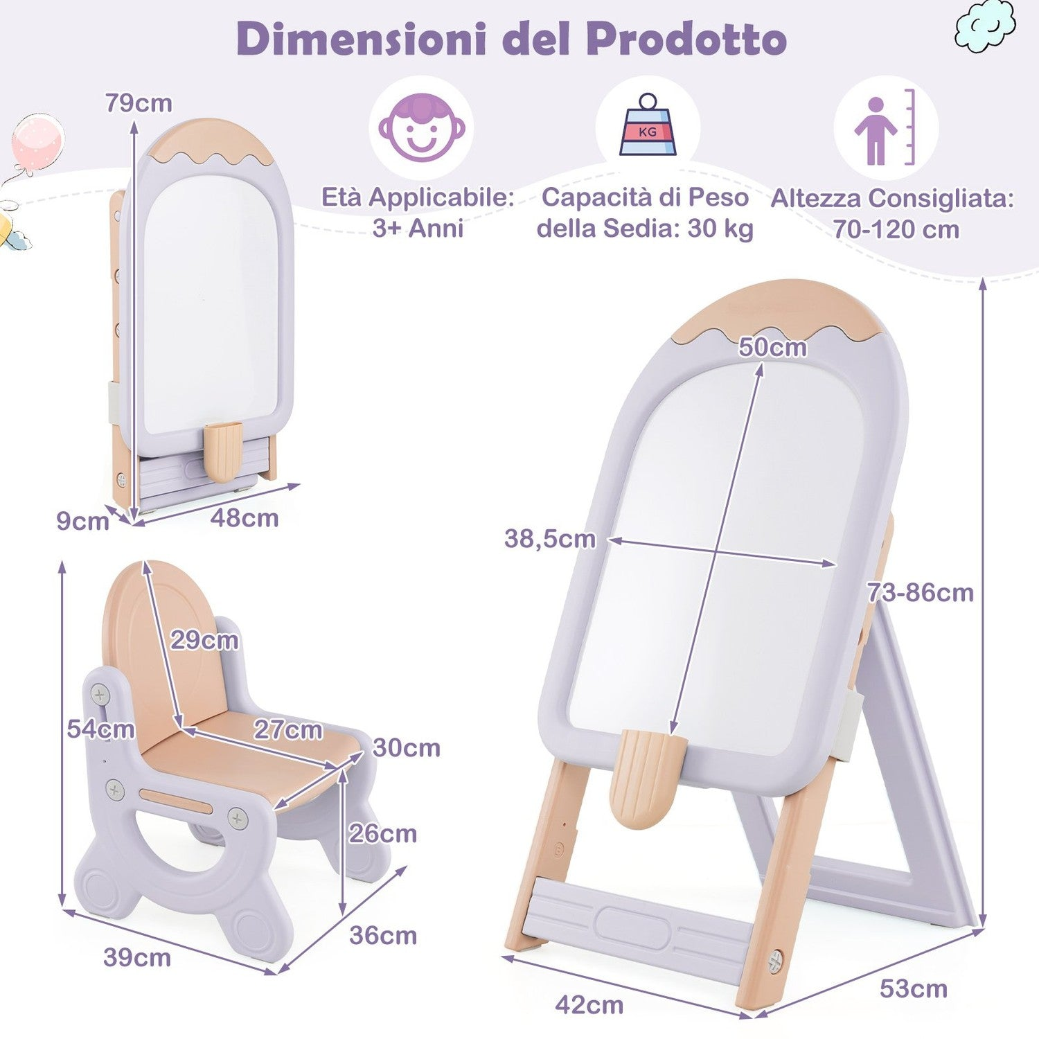 Dimensiones del producto: Caballete, silla, medidas y recomendaciones de edad.