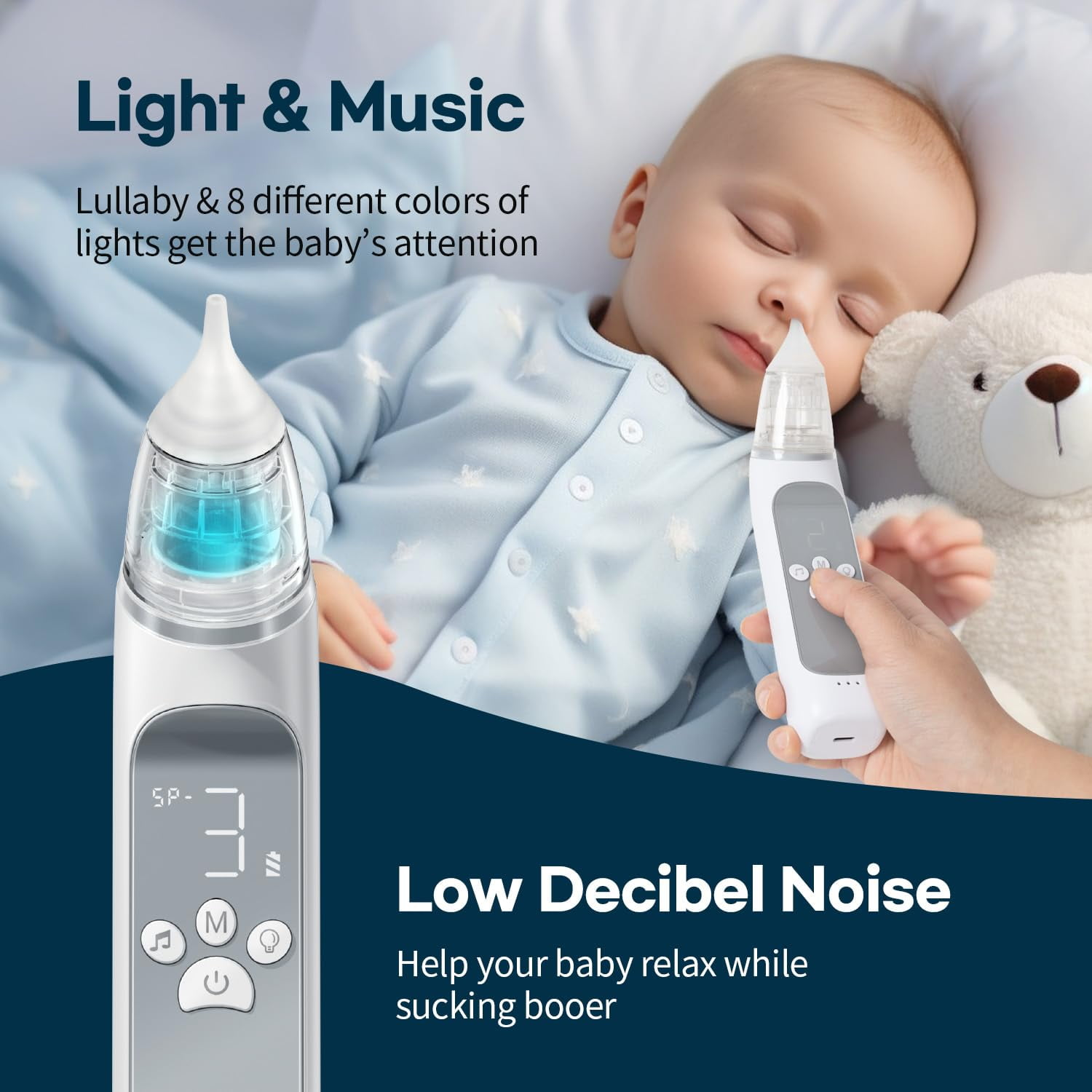 Schlafendes Baby mit Nasensauger, Teddybär und Licht & Musik Text.