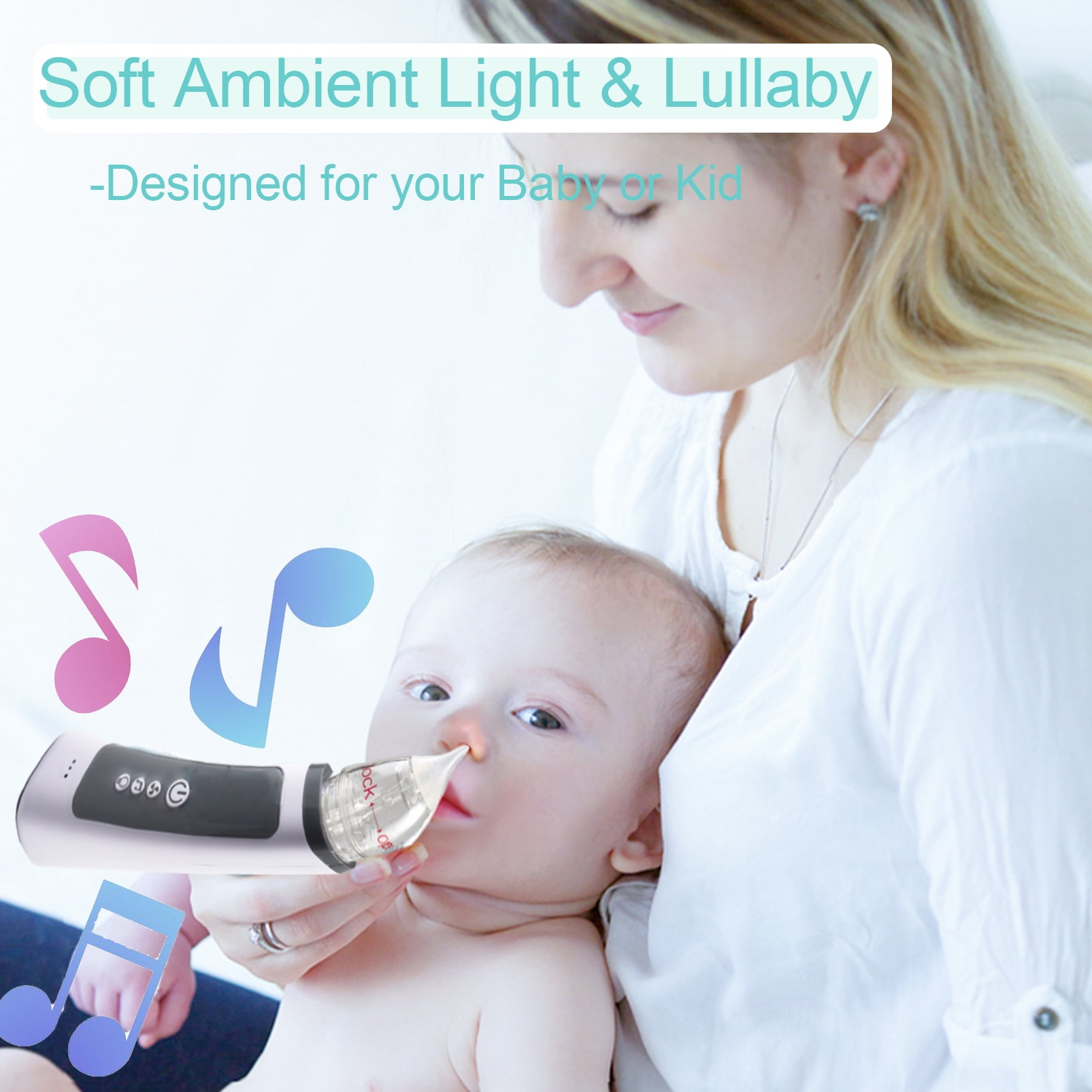 Mutter benutzt Nasensauger bei Baby. Musiknoten schweben umher.