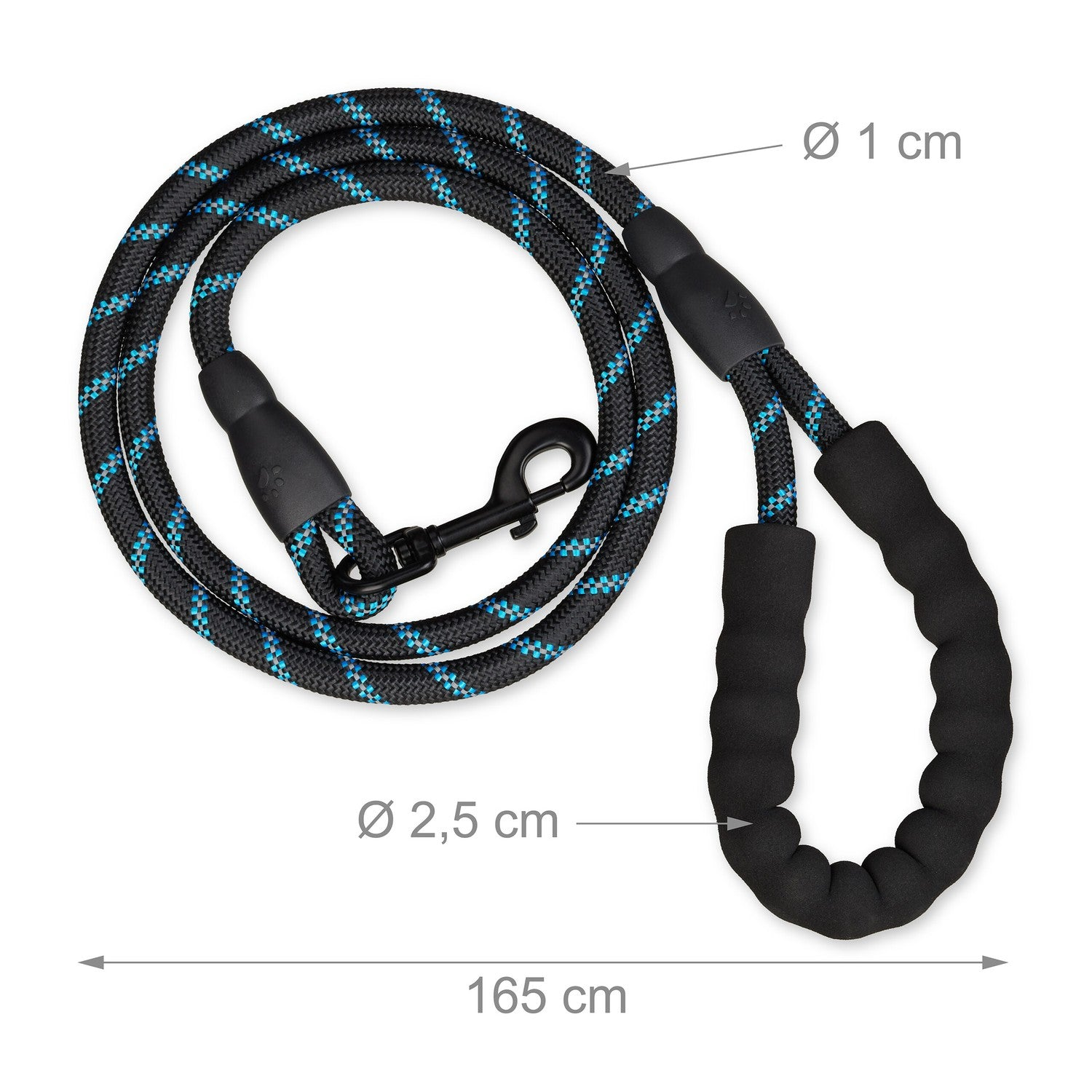 Correa de perro negra con patrón azul, 165 cm de largo, 1 cm de diámetro.