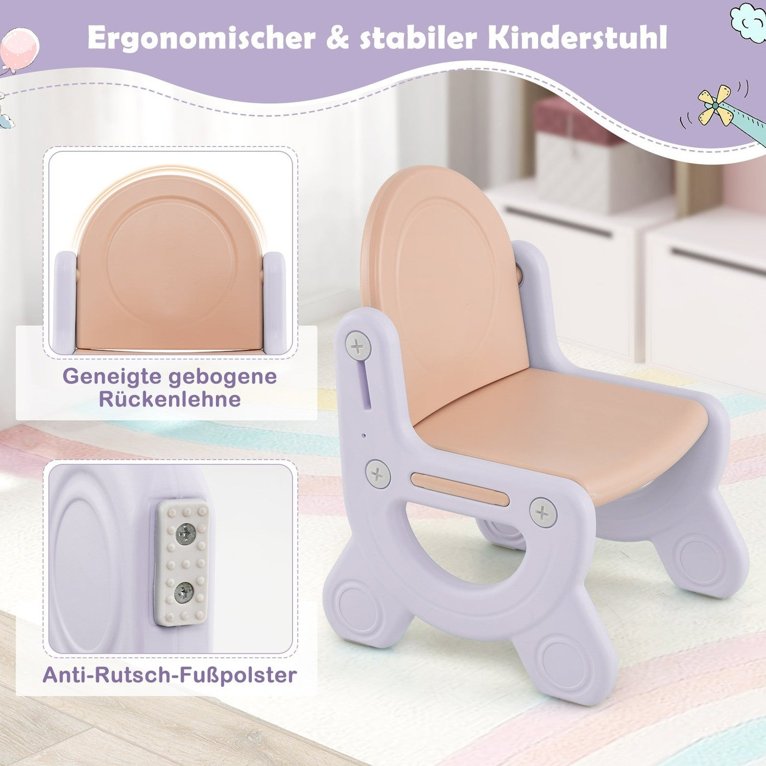 Una silla infantil ergonómica de color claro con asiento beige y estructura morada.