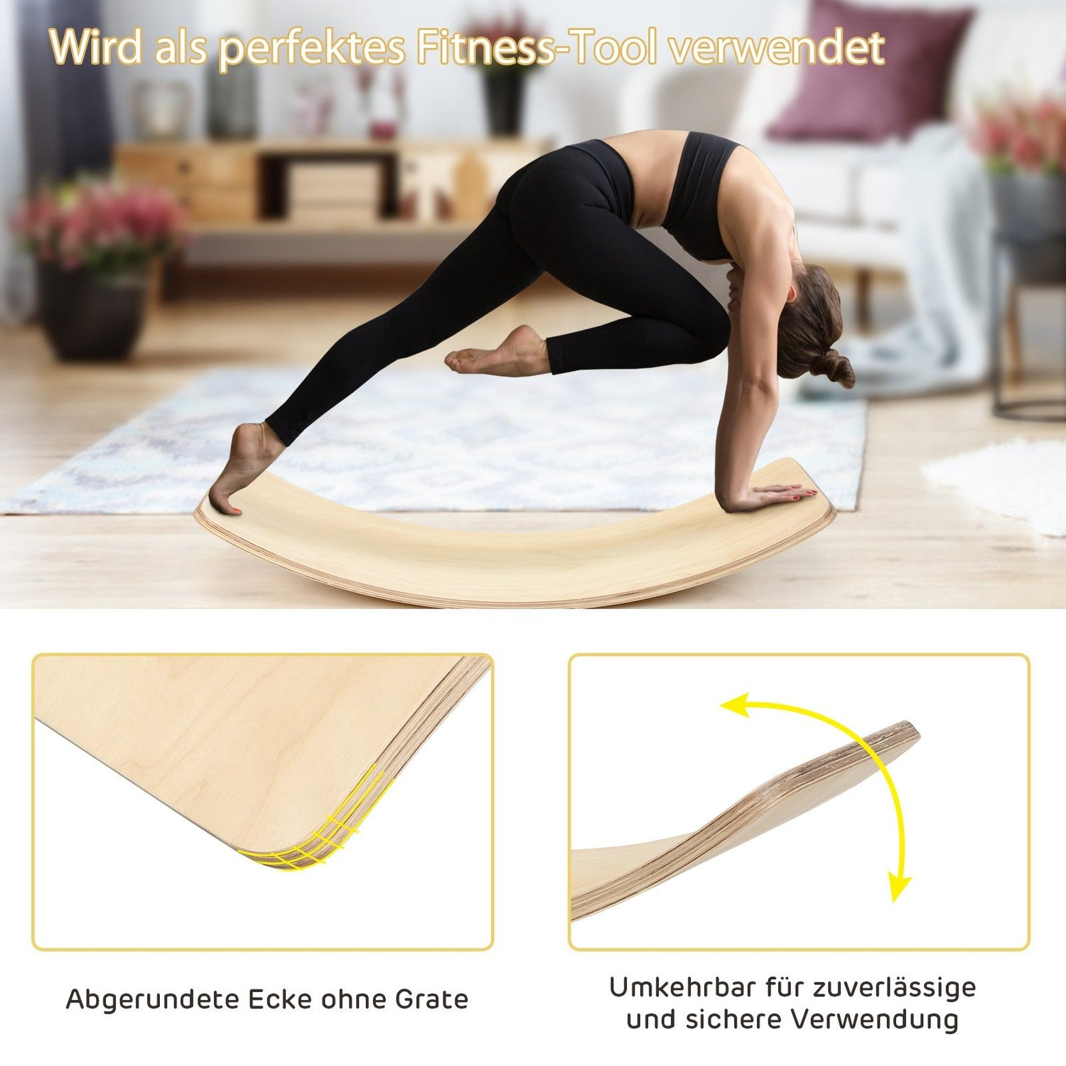 Mujer hace pose de yoga en tabla de equilibrio de madera, con detalles.