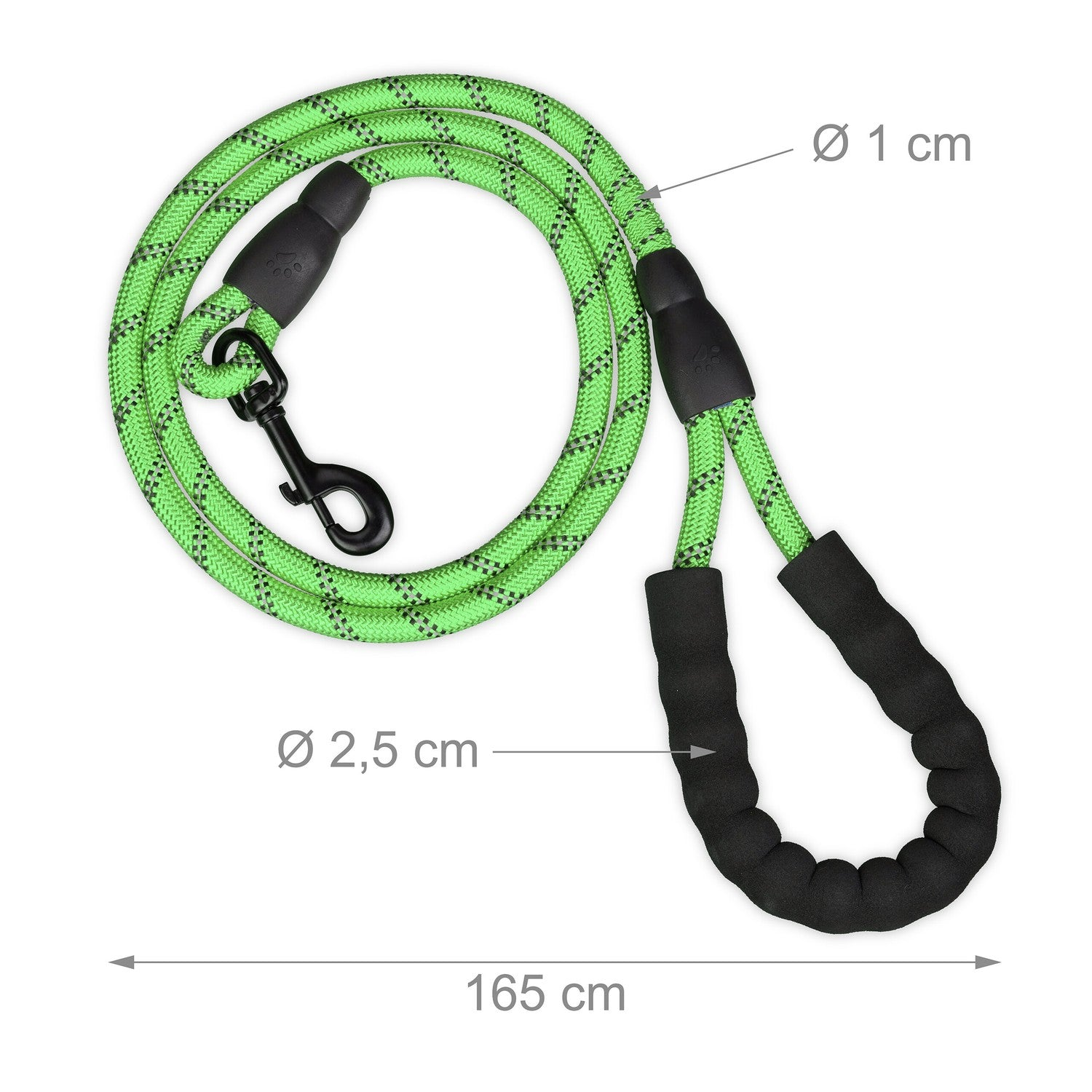 Correa de cuerda verde con gancho y asa negros, 165 cm.
