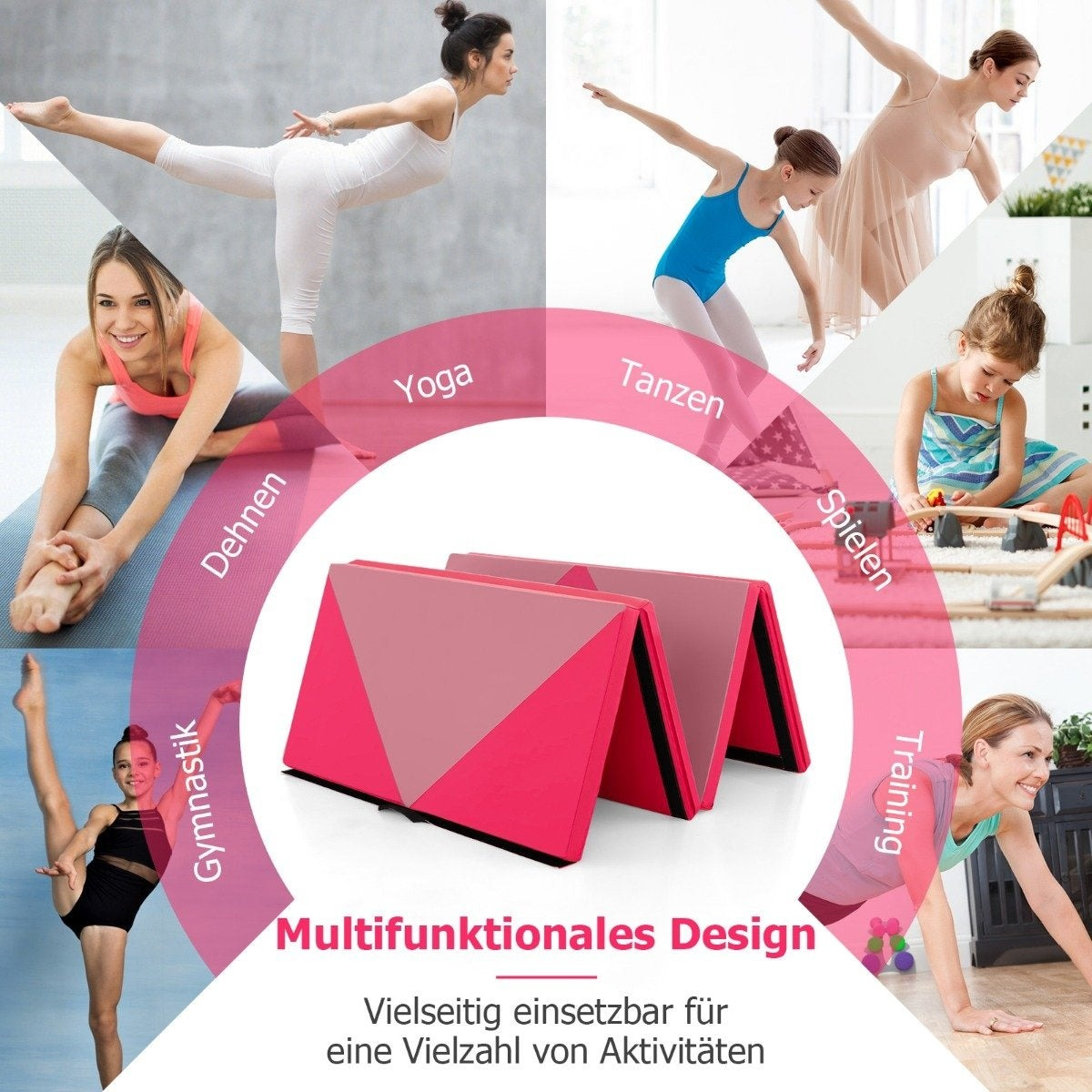 El collage muestra personas haciendo yoga, estiramientos, gimnasia, baile y jugando.