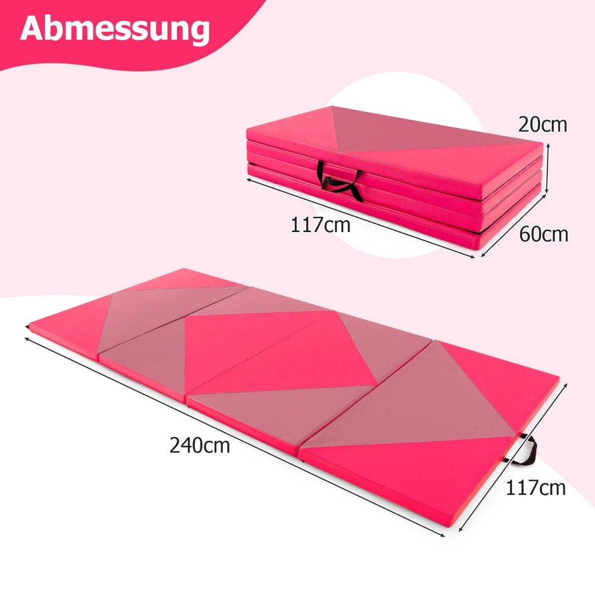 Una alfombra rosa plegada y desplegada con dimensiones.