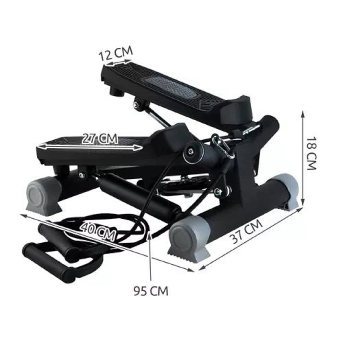 Un stepper negro con bandas de resistencia y etiquetas de dimensiones.