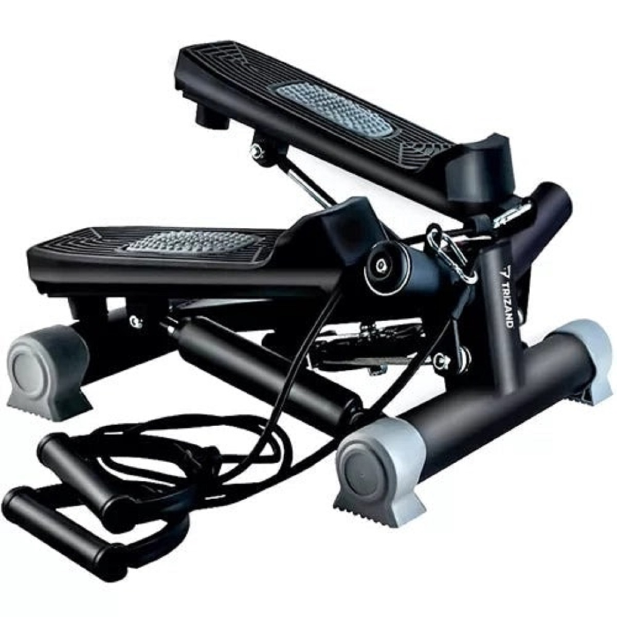 Un stepper negro con detalles plateados y bandas de resistencia.