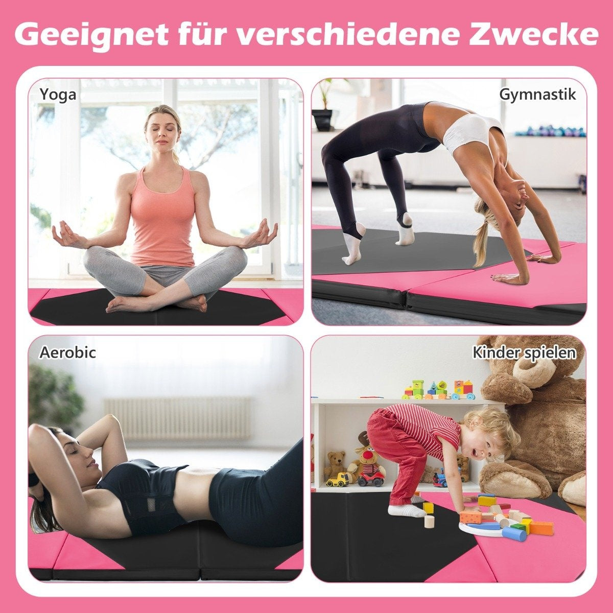 Cuatro imágenes muestran yoga, gimnasia, aeróbic y niños jugando en colchonetas.