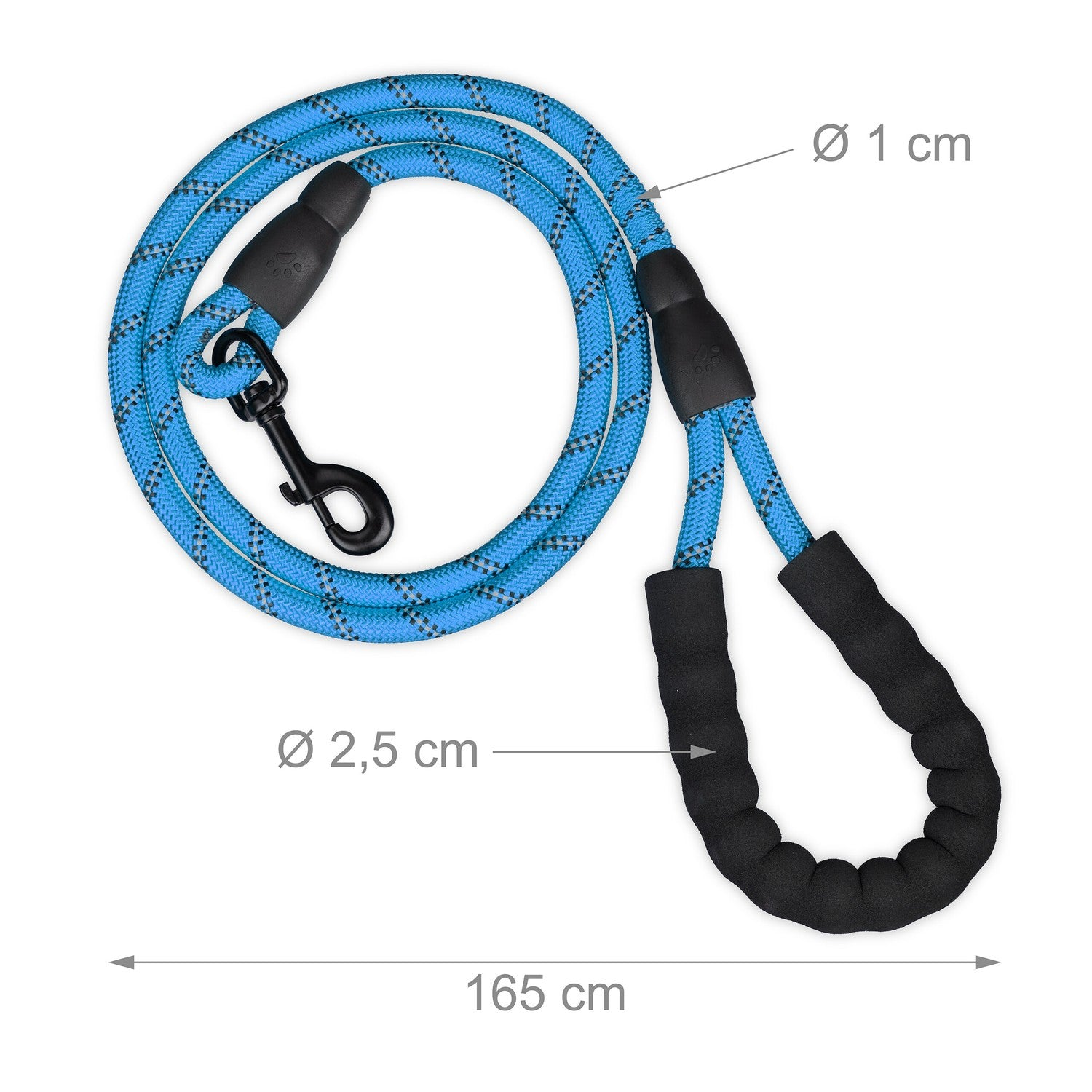 Correa azul para perro, 165cm de largo, con clip metálico y mango acolchado.