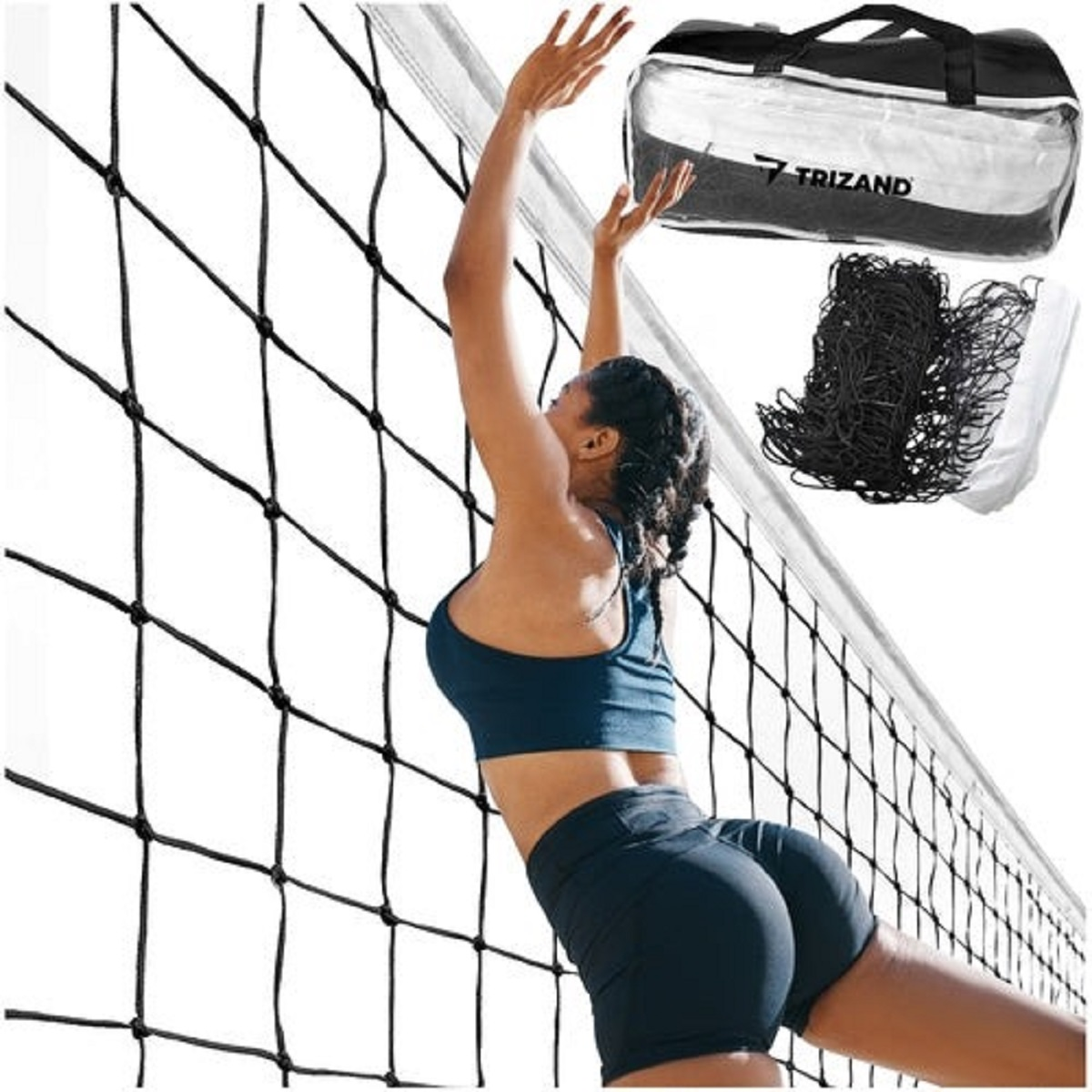Mujer con ropa deportiva jugando voleibol, con red y bolsa.
