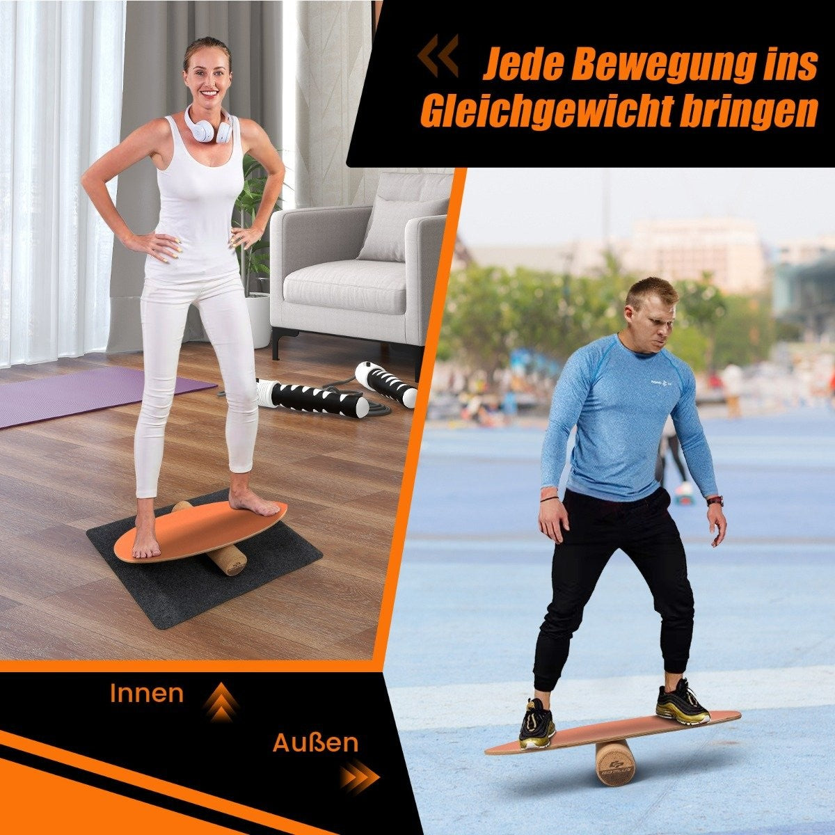 Mujer y hombre en tablas de equilibrio en interior y exterior. Con texto.