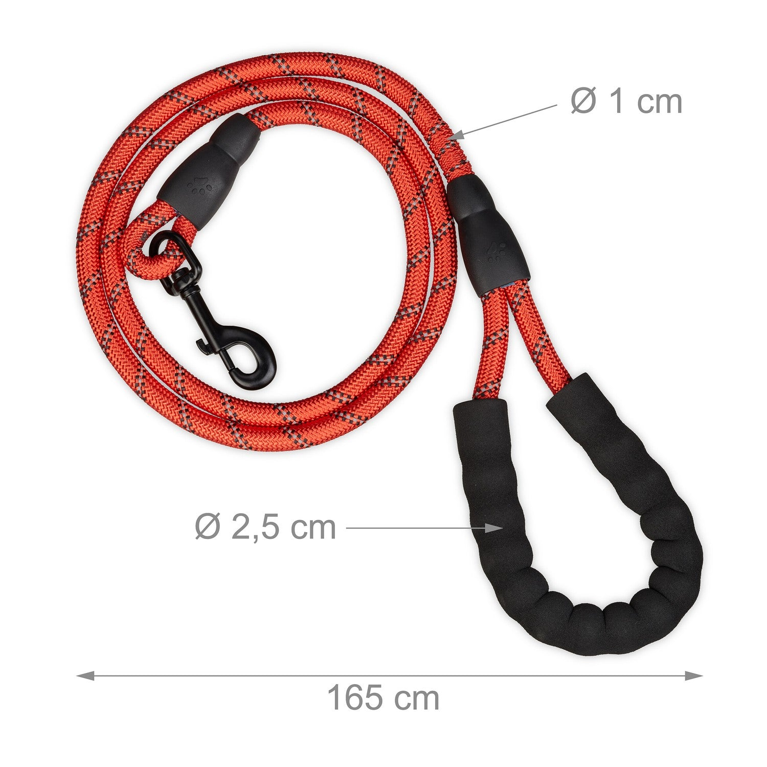 Correa roja para perro con mosquetón negro, 165 cm de largo y 1 cm de diámetro.