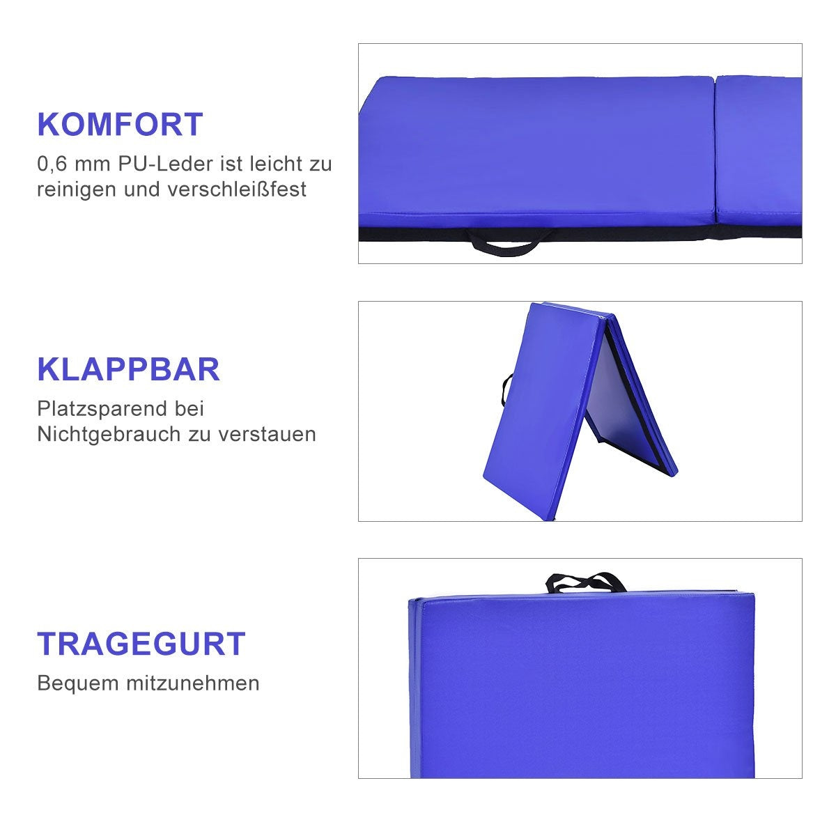 Alfombra azul con texto: Confort, plegable, correa.
