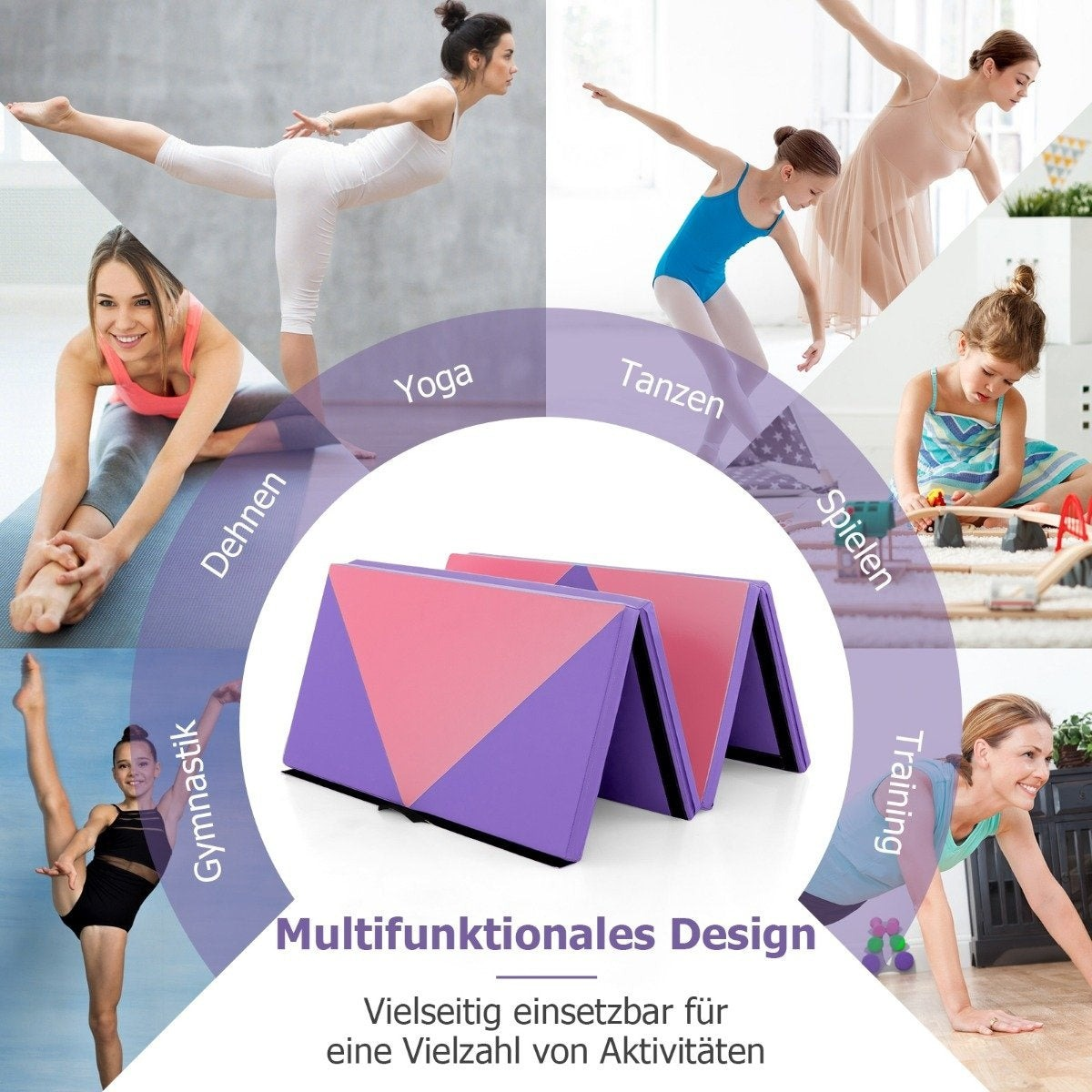 Collage mostrando mujeres haciendo yoga, bailando, gimnasia, jugando y entrenando.