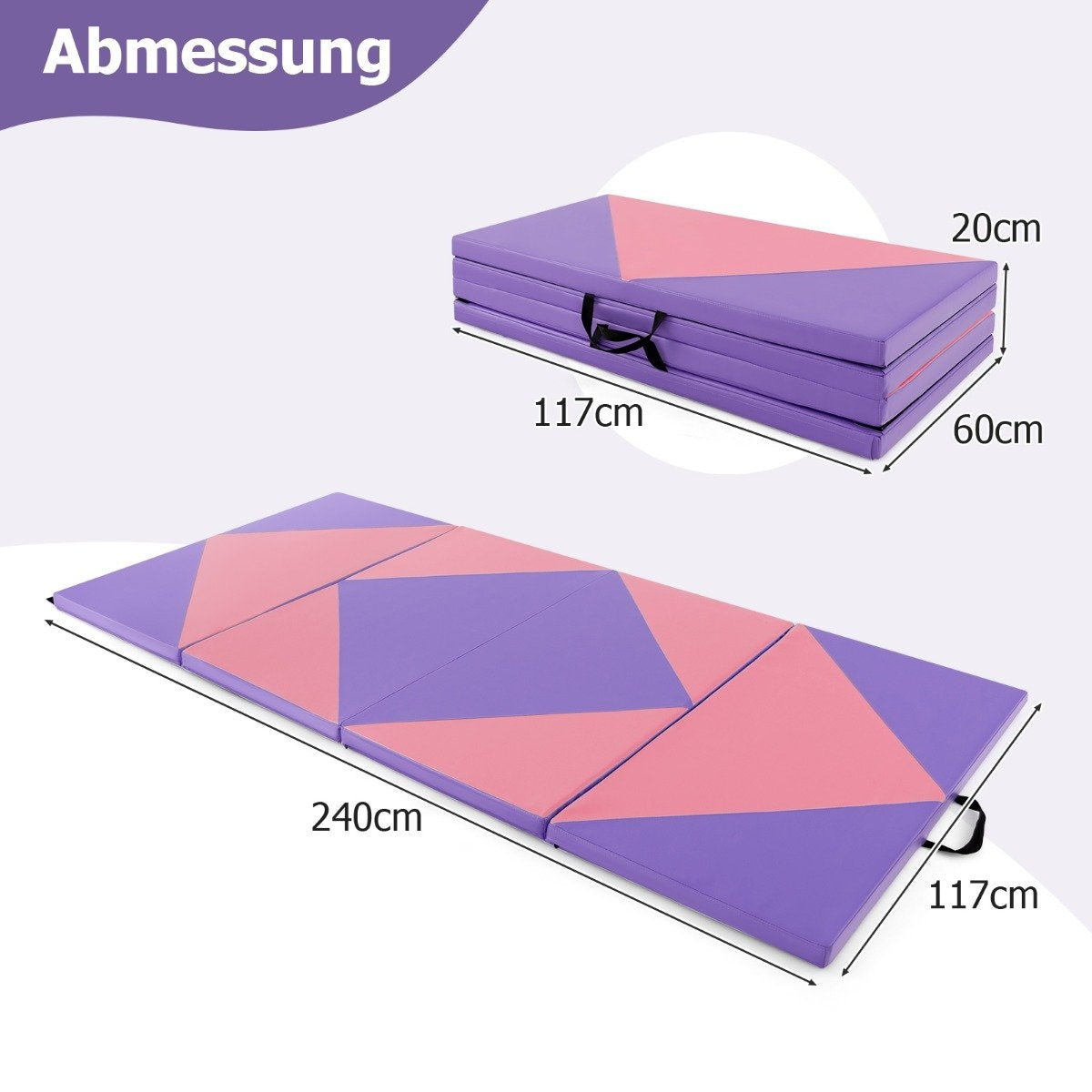 Alfombra morada y rosa, plegada y desplegada, con dimensiones.
