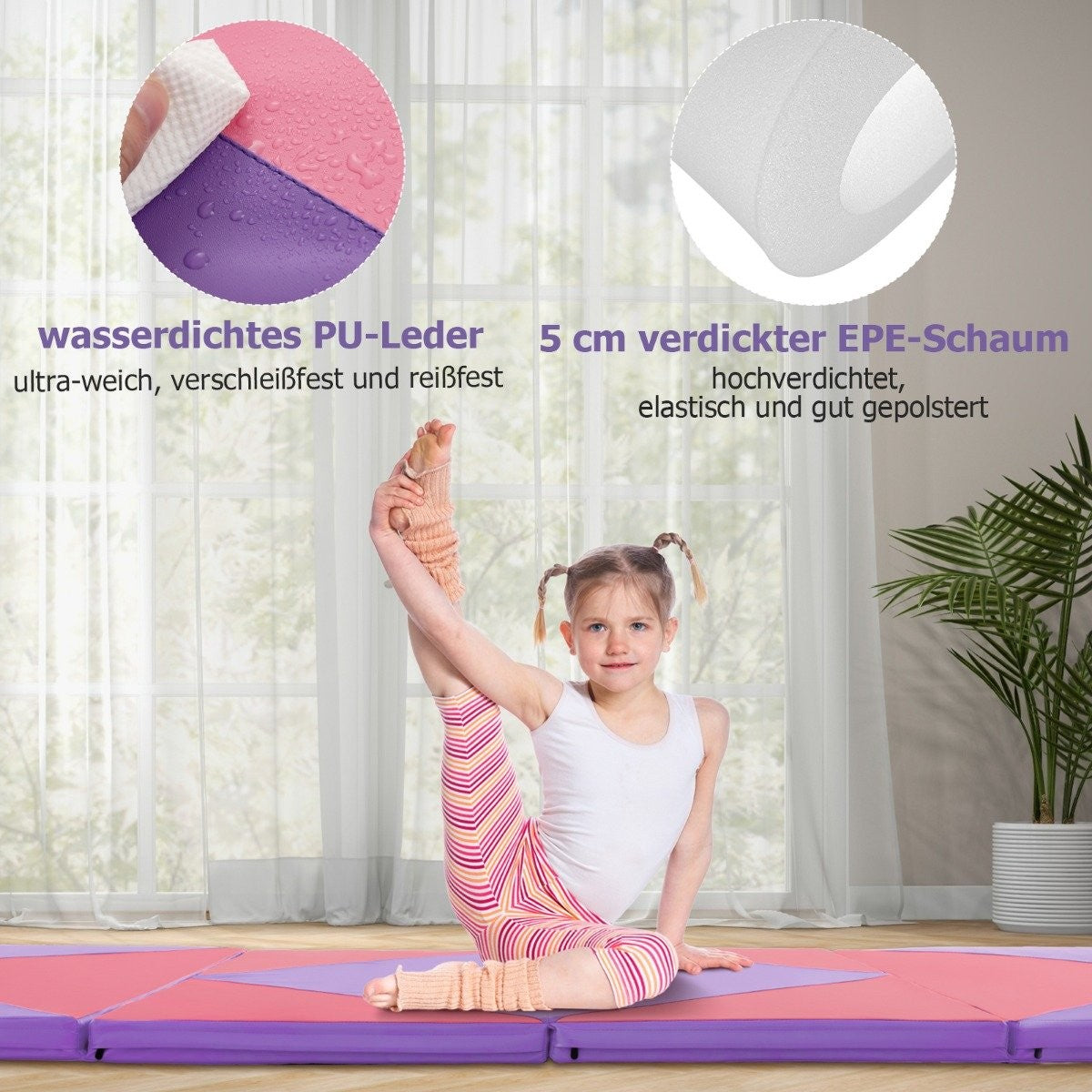 Una niña hace una pose acrobática sobre una esterilla morada.