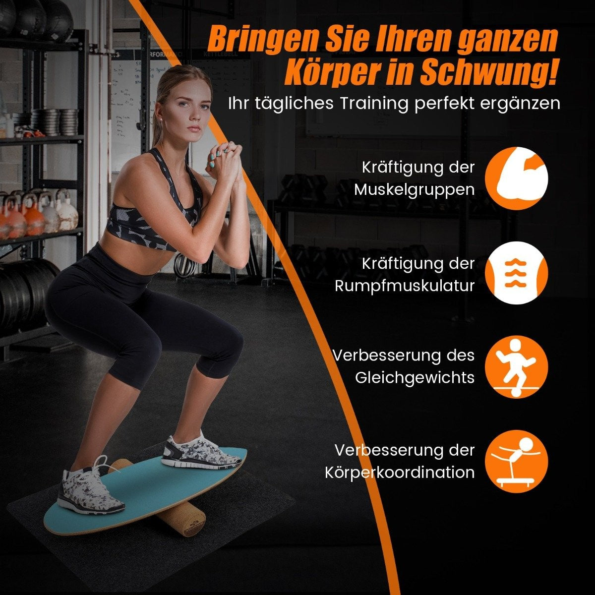 Mujer haciendo sentadillas en una tabla de equilibrio en un gimnasio.