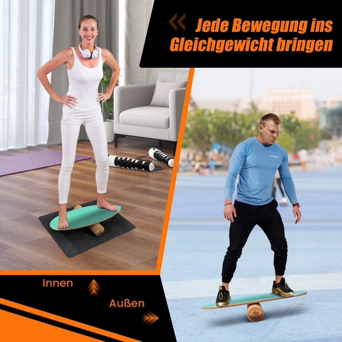 Mujer y hombre en tablas de equilibrio en interior y exterior.