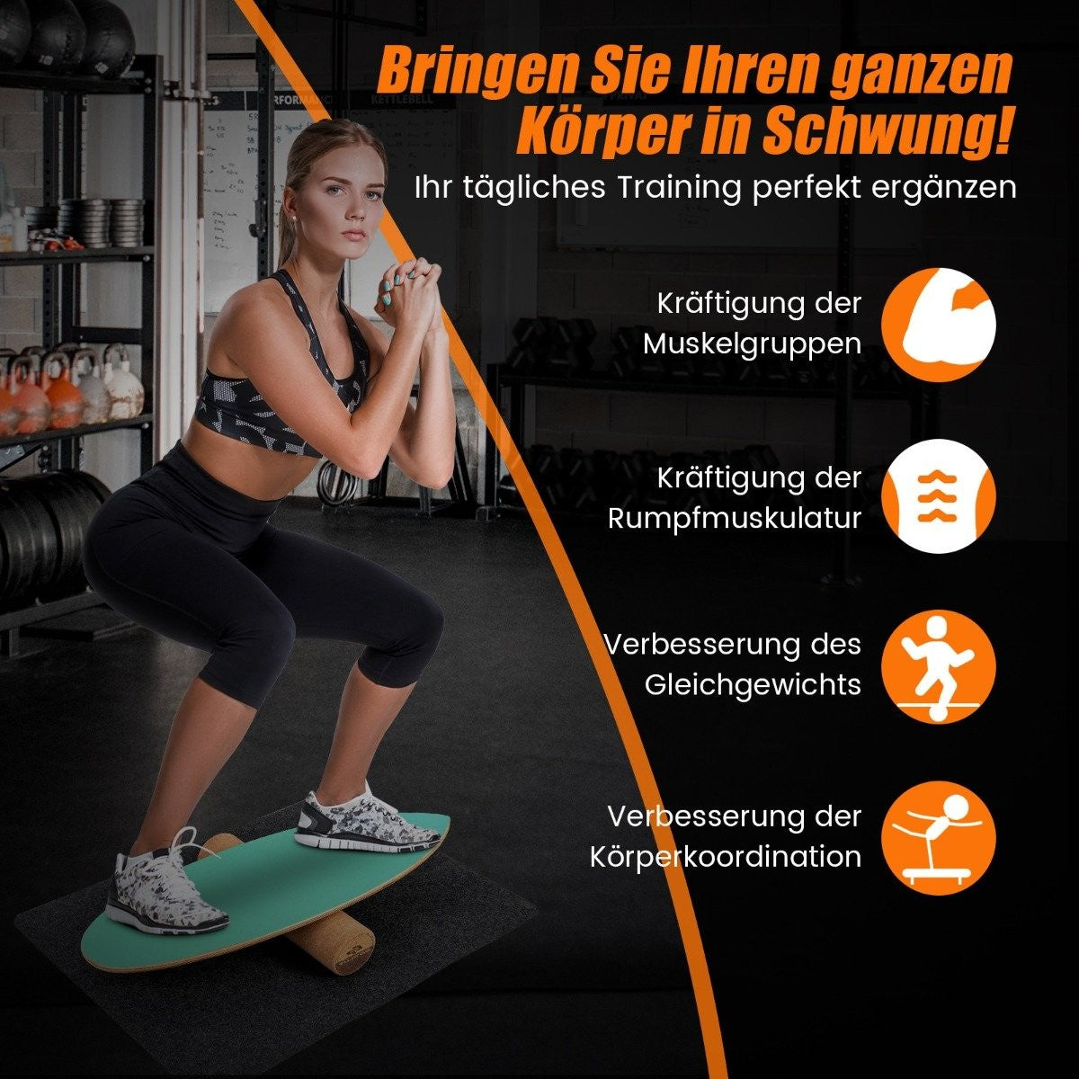 Mujer haciendo sentadillas en una tabla de equilibrio en un gimnasio.