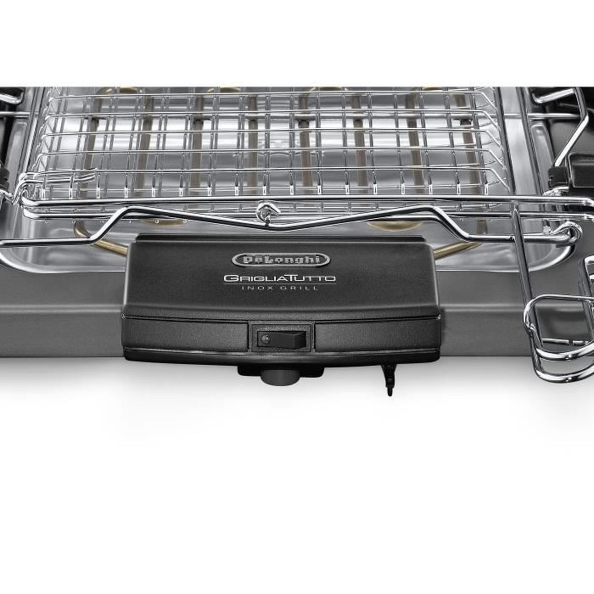 Nahaufnahme eines schwarzen DeLonghi Grigliatutto Inox Grill mit Chromrost und Schalter.