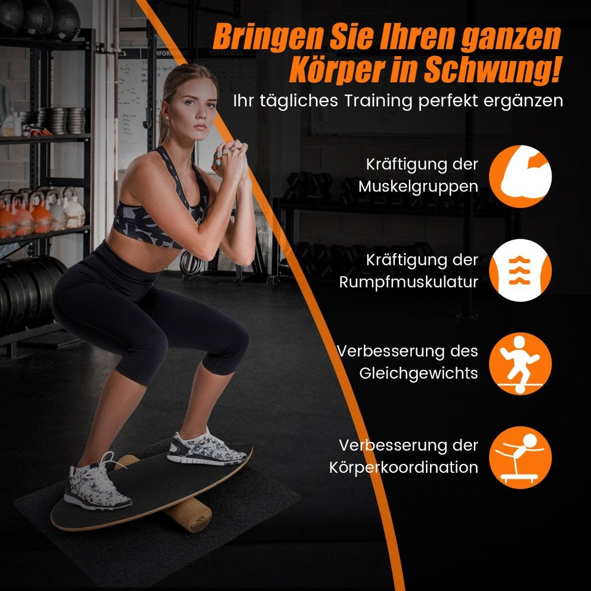Mujer haciendo sentadillas en una tabla de equilibrio en un gimnasio.