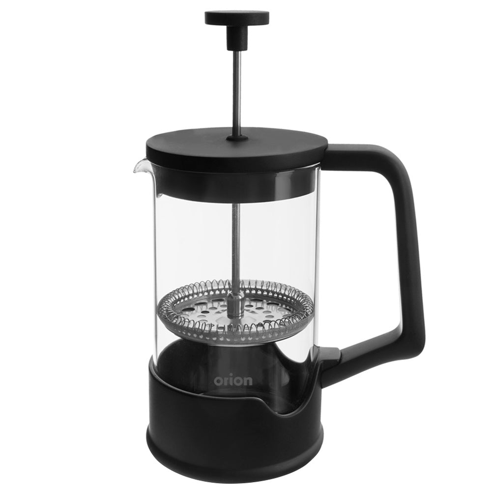 Una cafetera de prensa francesa negra con jarra de vidrio y filtro plateado.