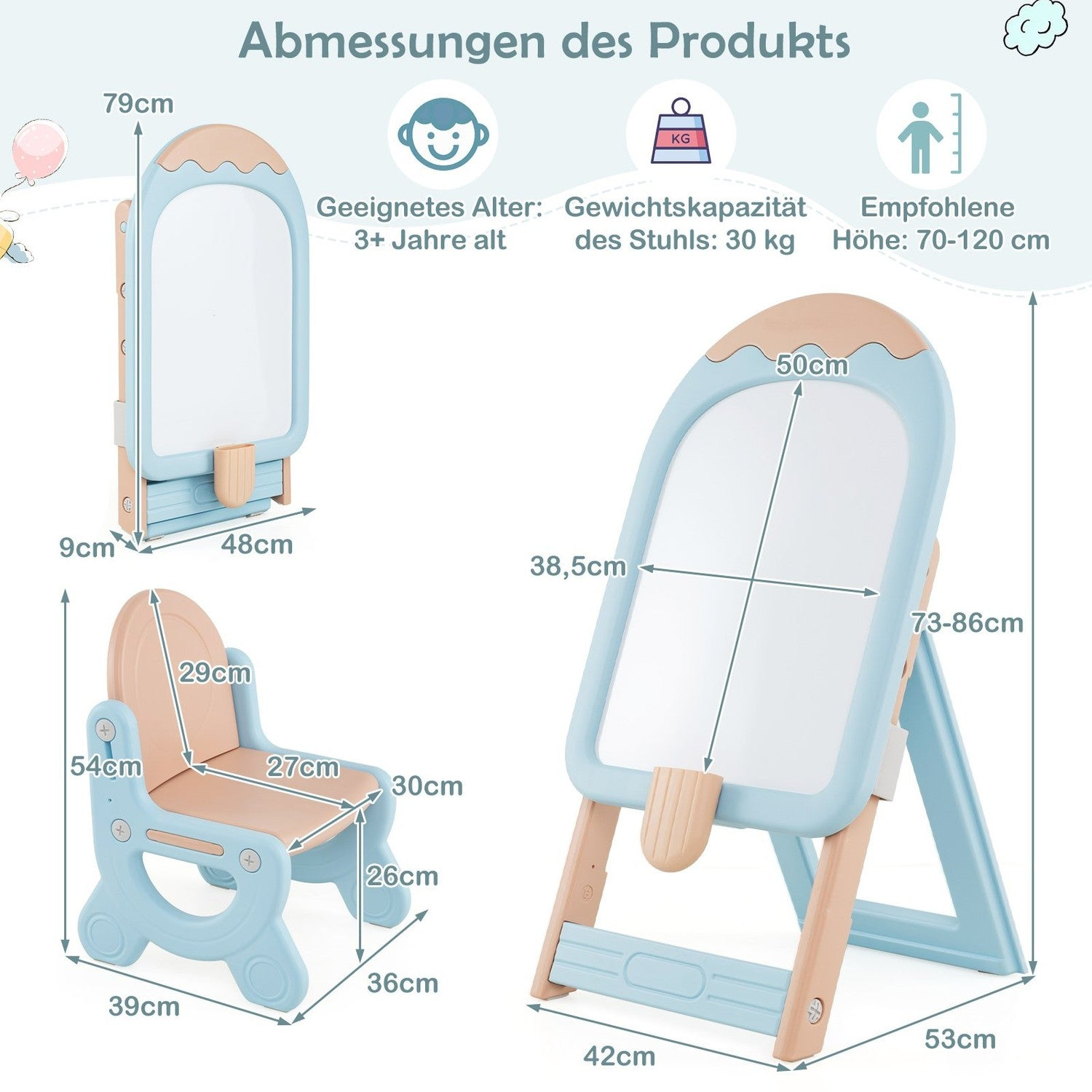 Dimensiones del producto: Caballete infantil con silla, edad 3+, 30kg capacidad, altura 70-120cm.