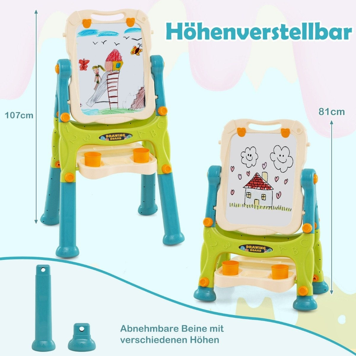 Dos tableros de dibujo ajustables en altura para niños con bandejas y patas desmontables.