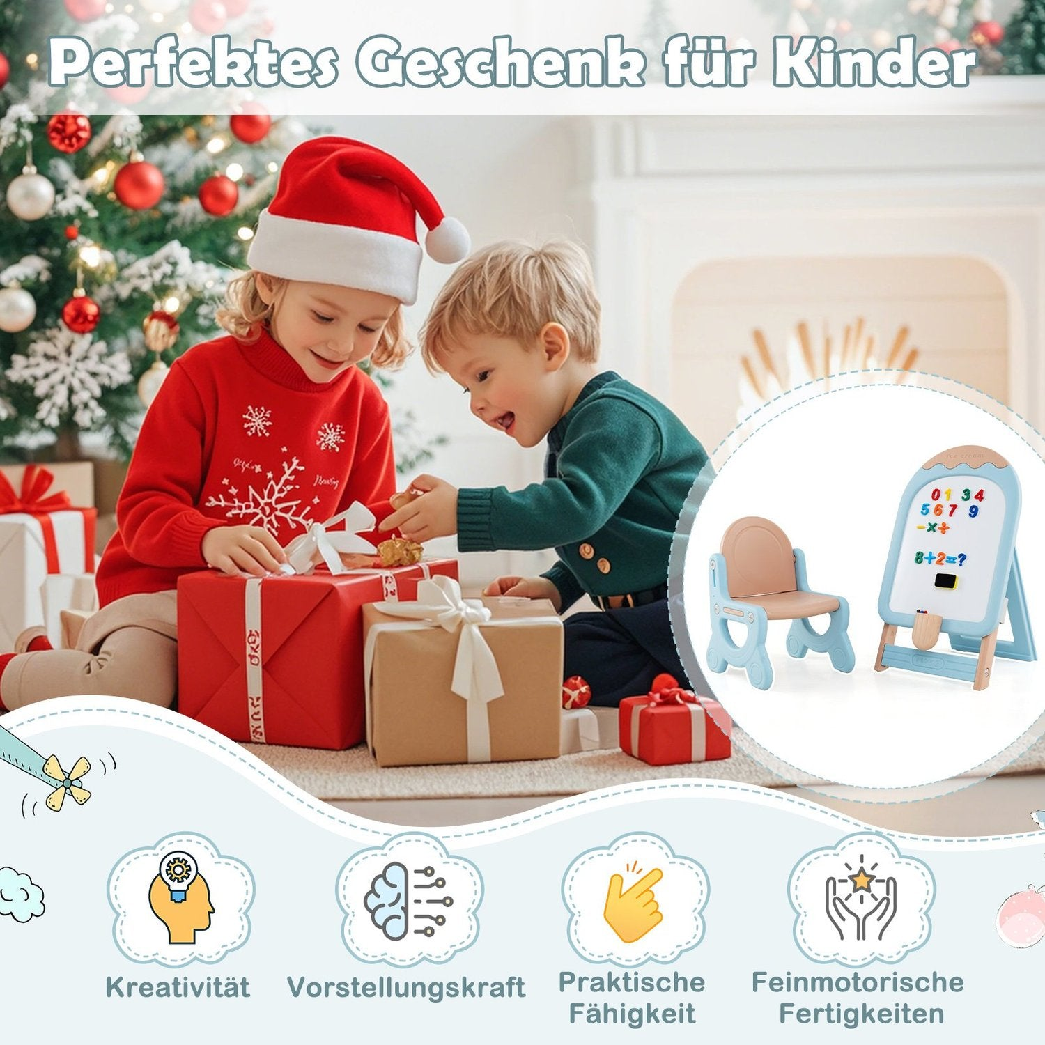 Niños abren regalos de Navidad frente a un árbol. Se ven juguetes.