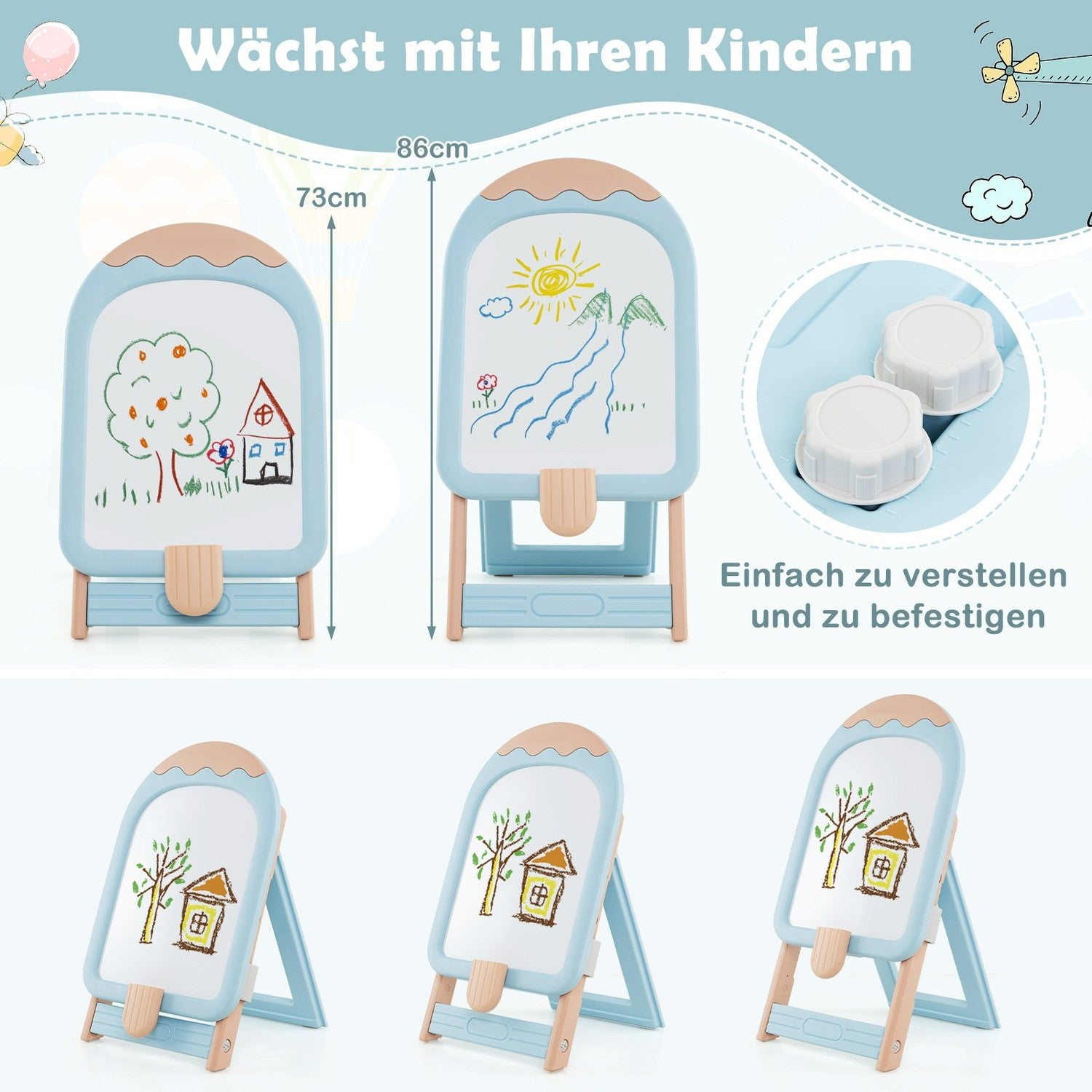 Caballete infantil con pizarra y pizarra blanca, muestra dibujos de casa, árbol y sol.