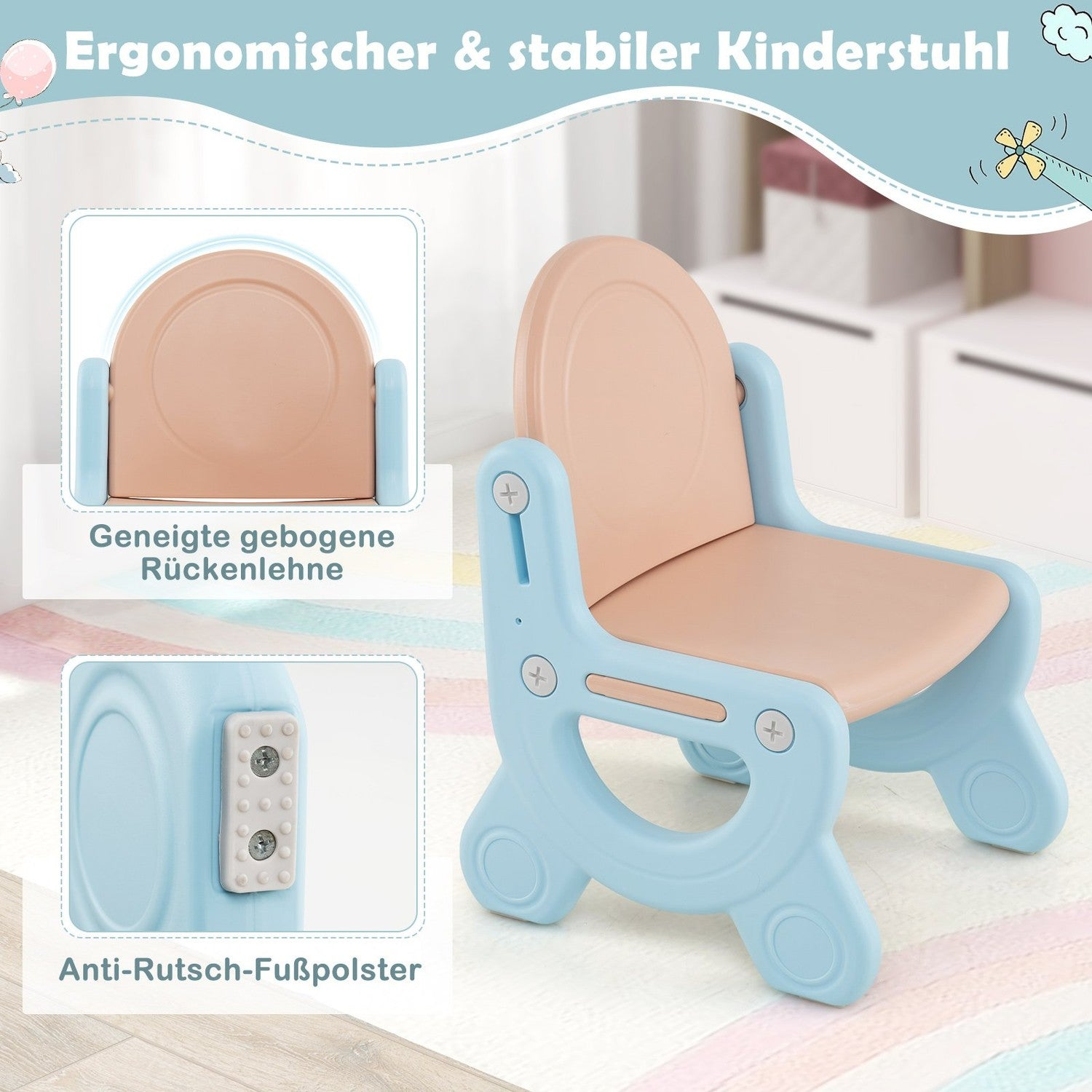 Una silla infantil azul con asiento y respaldo beige.