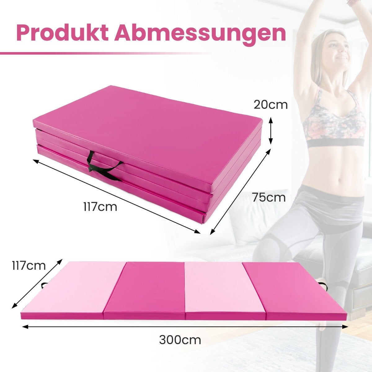 Esterilla de gimnasia rosa, plegada 117x75x20cm, desplegada 300cm.