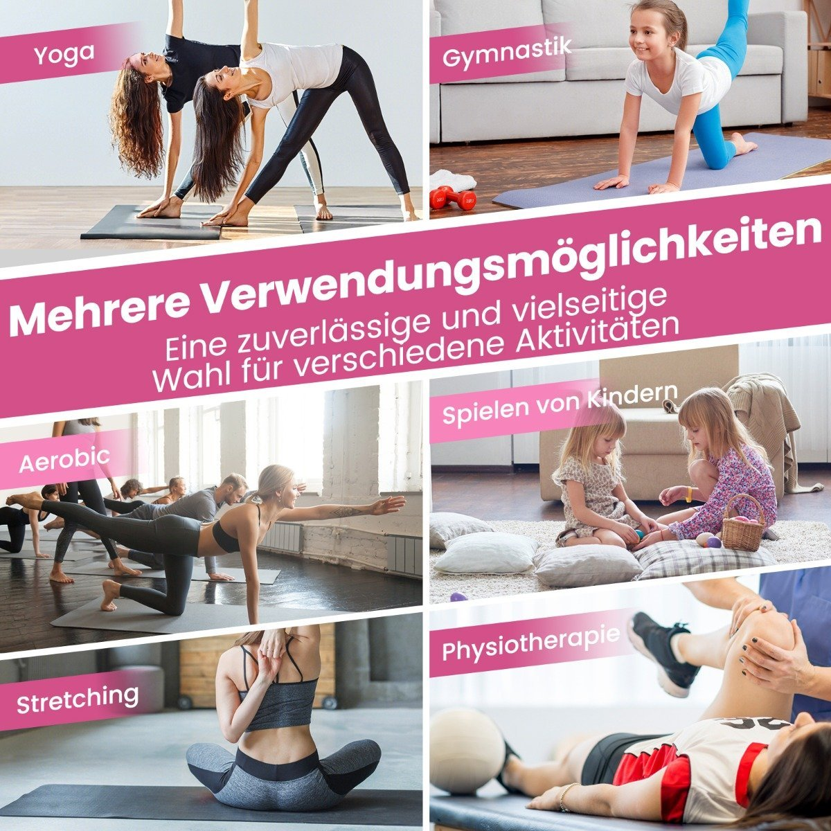 El collage muestra yoga, gimnasia, aeróbic, juegos infantiles, estiramientos, fisioterapia.