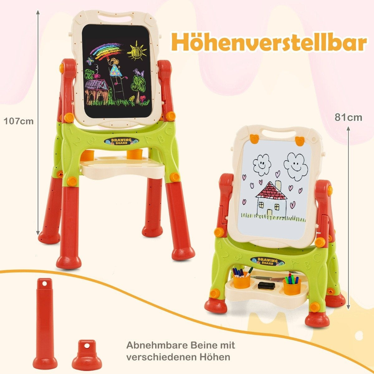 Caballlete infantil ajustable con patas desmontables, dos pizarras.