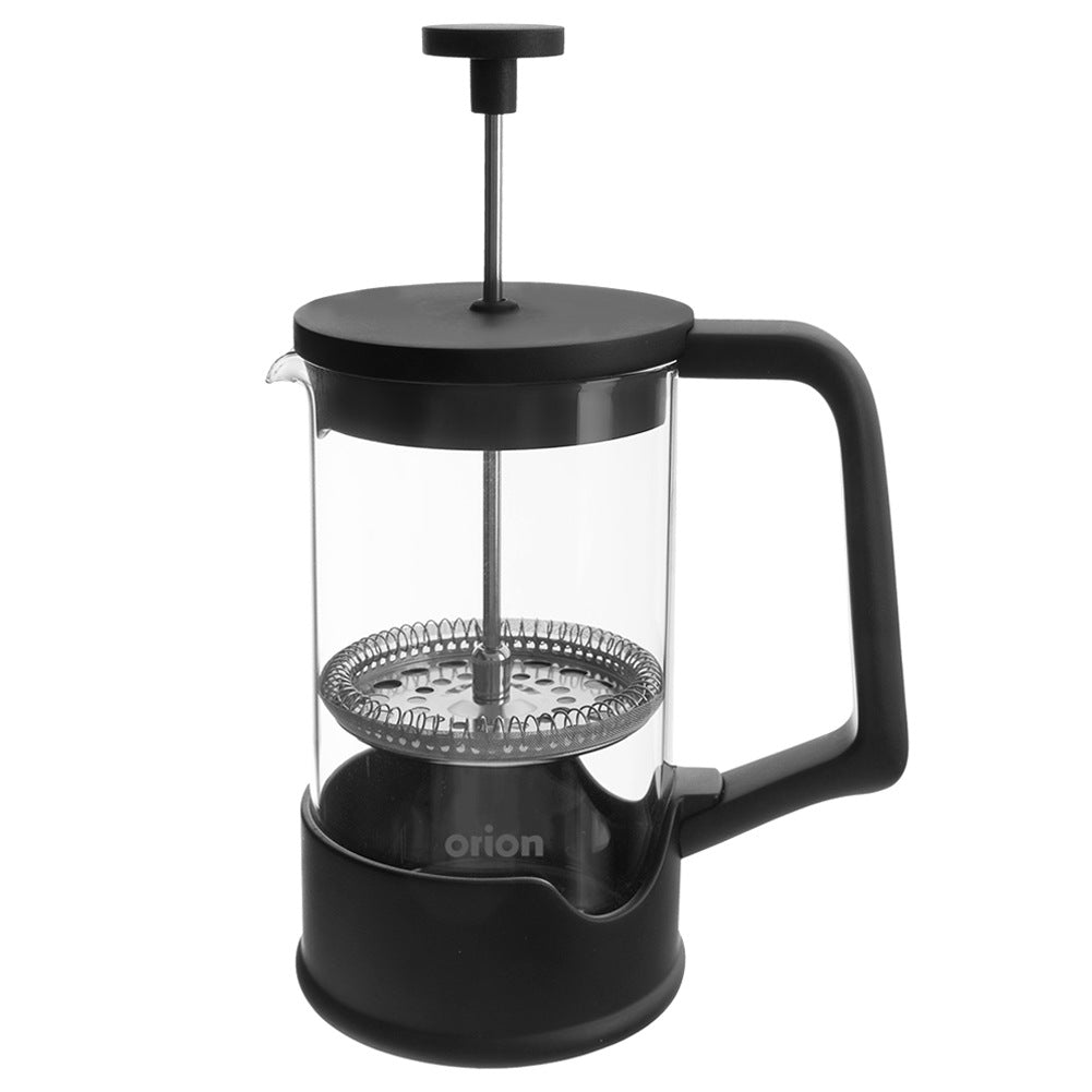 Una cafetera de prensa francesa negra con jarra de vidrio y émbolo plateado.