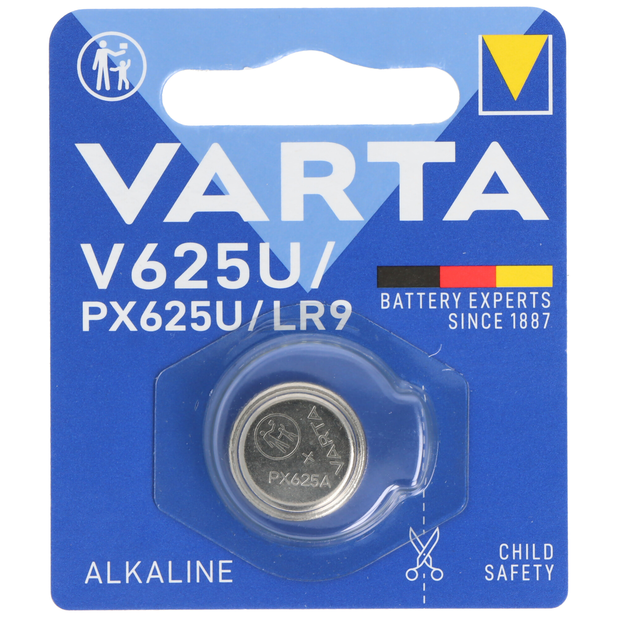 Varta V625U/PX625U/LR9 alkaline batterij in blisterverpakking, met kinderveiligheidssymbool.